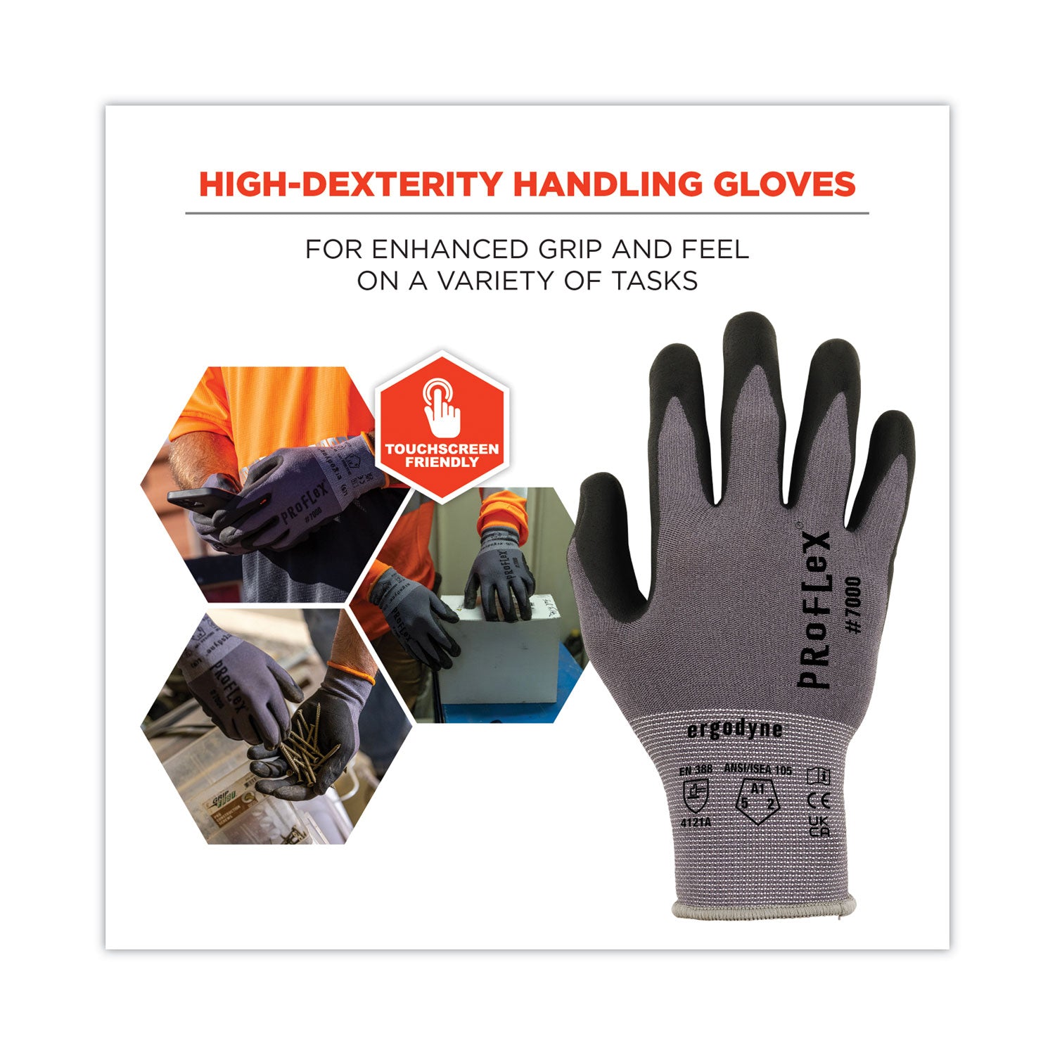 Ergodyne ProFlex 7000 Nitrile-Coated Gloves, Small, Gray, Microfoam Nitrile Palm, Touchscreen Capable, Abrasion and Cut Resistant, Lightweight, 2 Pairs per Pack, 12 Packs
