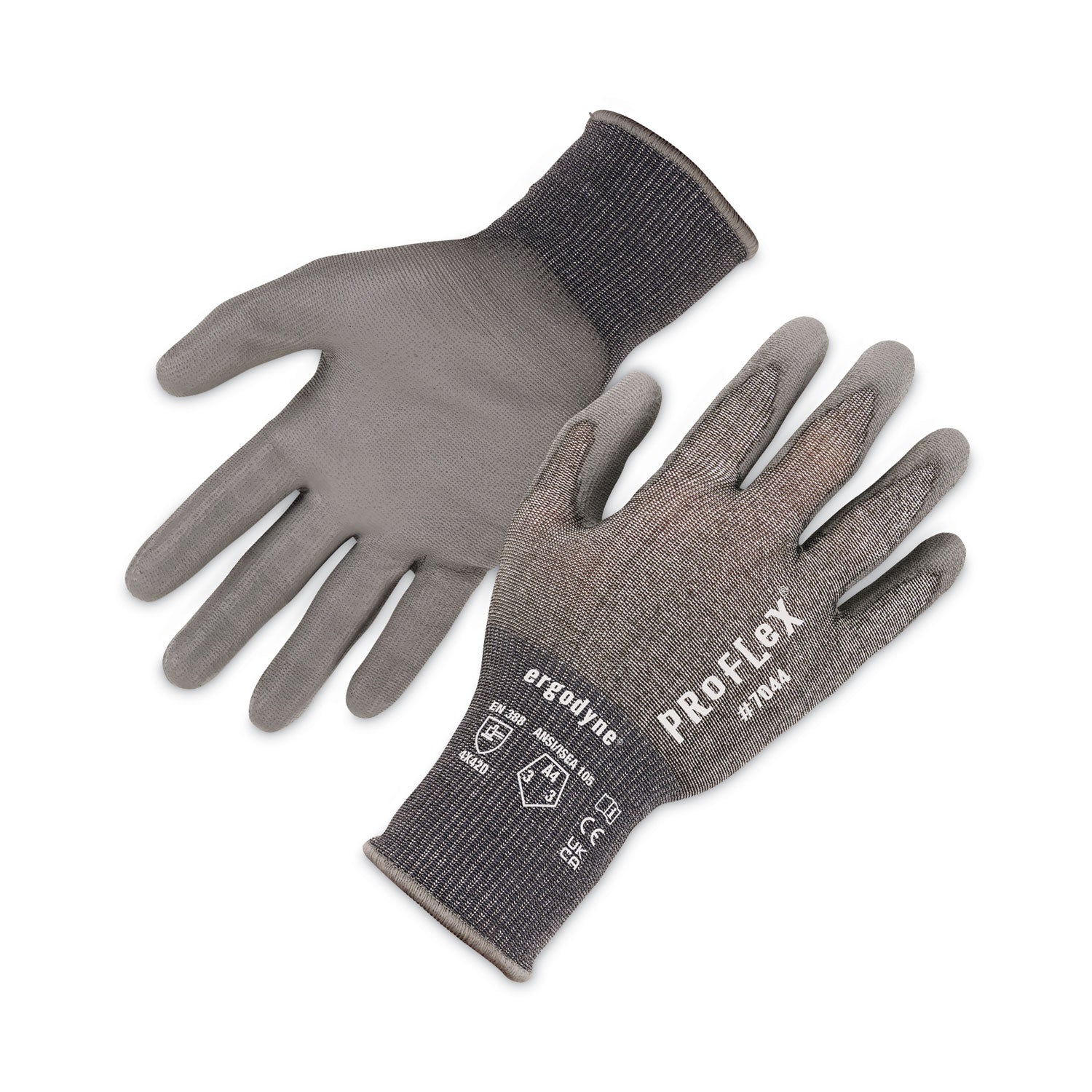 Ergodyne ProFlex 7044 PU-Coated Cut-Resistant Gloves, Small, Gray, HPPE/Polyester, Polyurethane Palm, Touchscreen Capable, ANSI A4 Cut Level, 18-Gauge, 2 Pairs per Pack