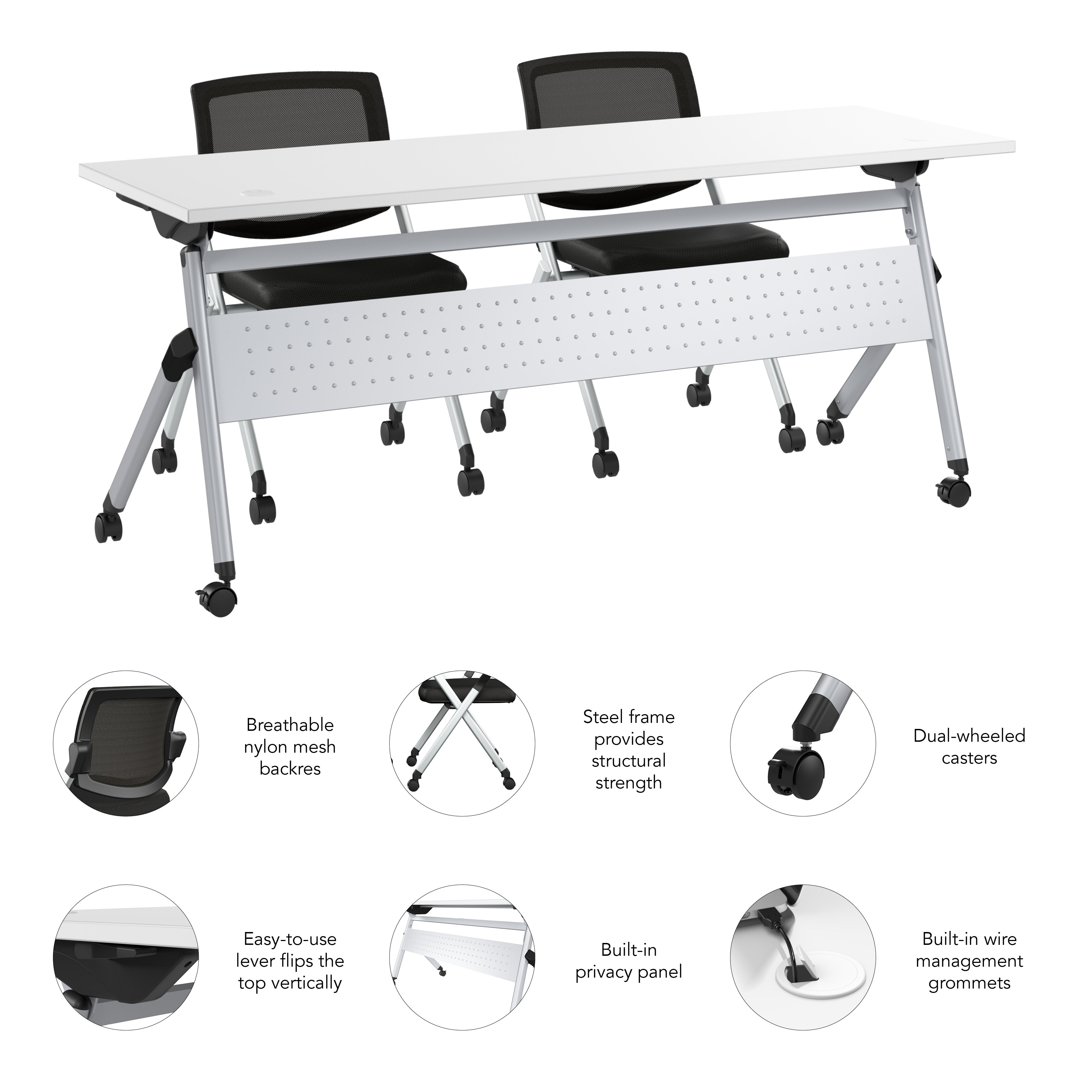 Bush Business Furniture Envision 72W Folding Training Table with 2 Folding Chairs in White - 71.02" Width x 23.54" Depth x 32.87" Height