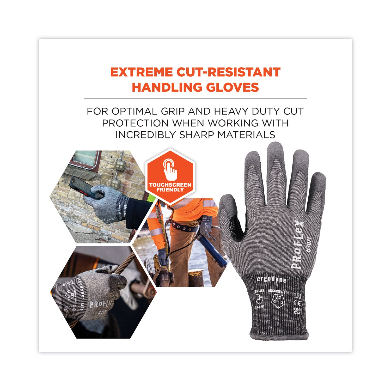 Ergodyne ProFlex 7071 PU-Coated Cut-Resistant Gloves, Large, Gray, ANSI A7, 18-Gauge HPPE, Touchscreen Capable, Reinforced Thumb Saddle, Machine Washable, 2 Pairs per Pack