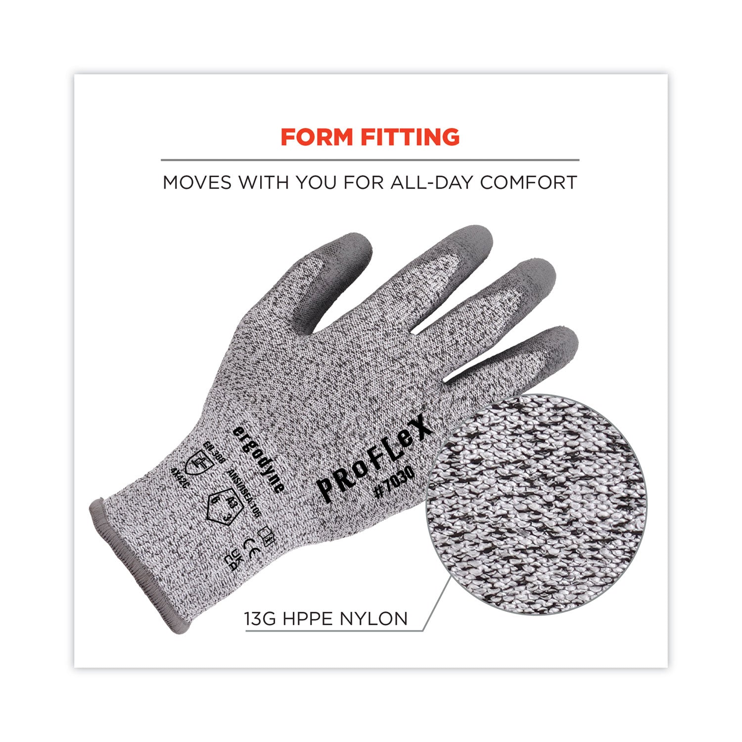 Ergodyne ProFlex 7030 PU-Coated Cut-Resistant Gloves, Large, Gray, HPPE/Nylon Spandex, Polyurethane Palm, Touchscreen Capable, Abrasion and Cut Resistant, 2 Pairs per Pack