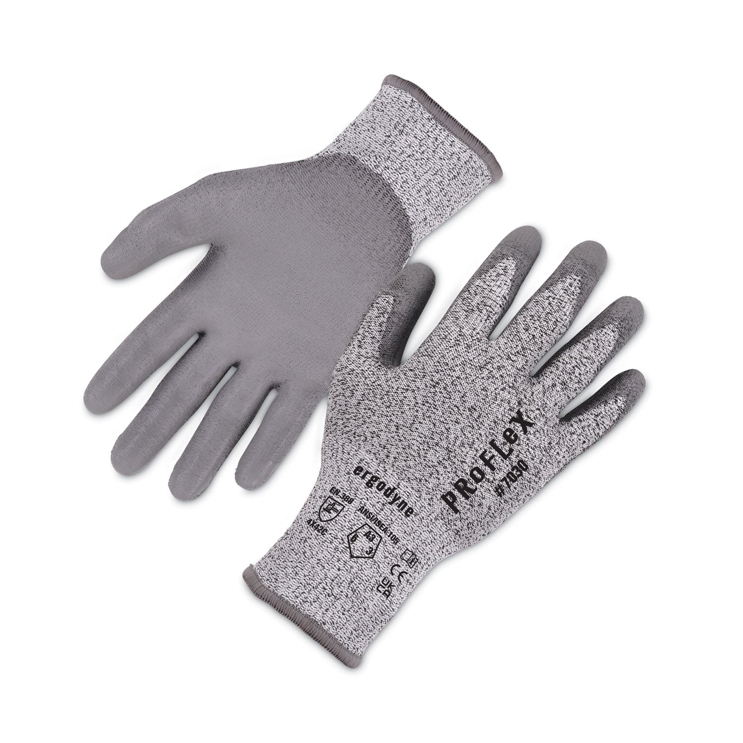 Ergodyne ProFlex 7030 PU-Coated Cut-Resistant Gloves, Small, Gray, HPPE/Nylon Spandex, Polyurethane Palm, Touchscreen Capable, 2 Pairs per Pack