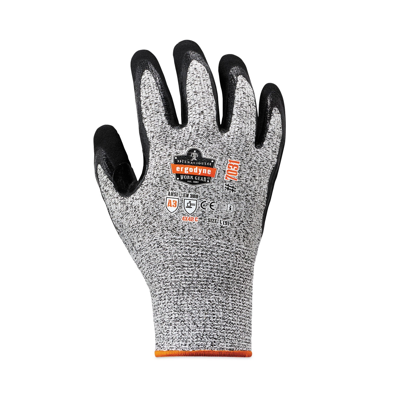 Ergodyne ProFlex 7031 Nitrile-Coated Cut-Resistant Gloves, A3 Level, Large, Gray, 2/Pair, 144 Pairs/Carton, 2" Thickness, 10" Length, Seamless Knit Wrist, High Visibility, Reinforced Thumb, Durable