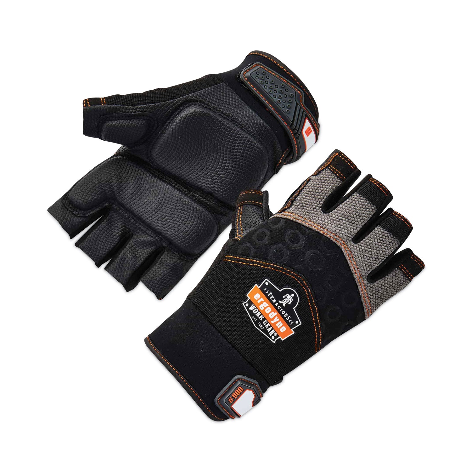 Ergodyne ProFlex 900 Half-Finger Impact Gloves, Extra Large, Black, 1.50" Thickness, 11.50" Length, Shock & Impact Resistant, Breathable, Knitted, Reinforced Thumb, Padded Palm, 2 Pairs