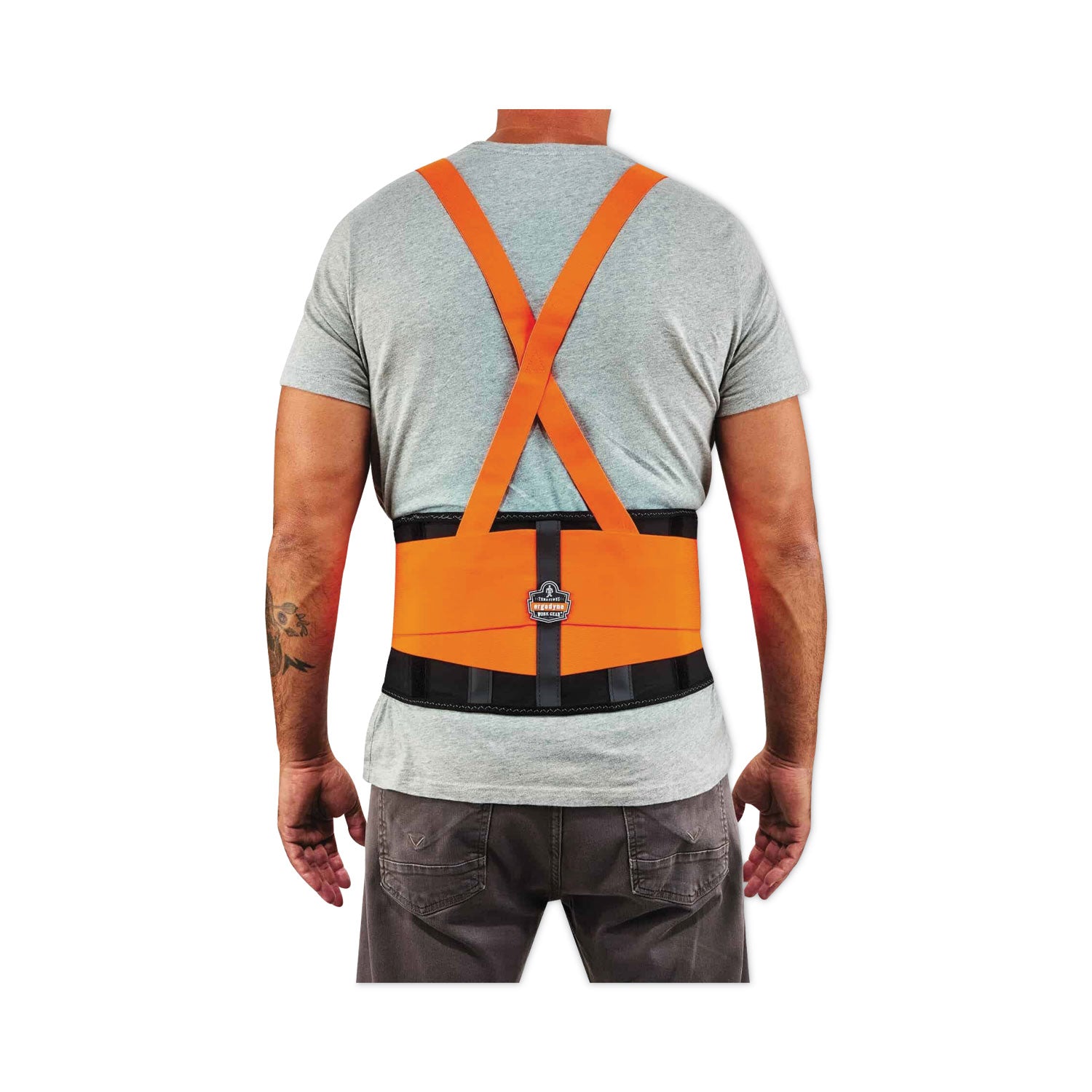Ergodyne ProFlex 100HV Economy Hi-Vis Back Brace - 0.50" to 1" Adjustable Height - 52" to 58" Waist Size - Orange - Rubber, Polypropylene, Spandex - 1 Each