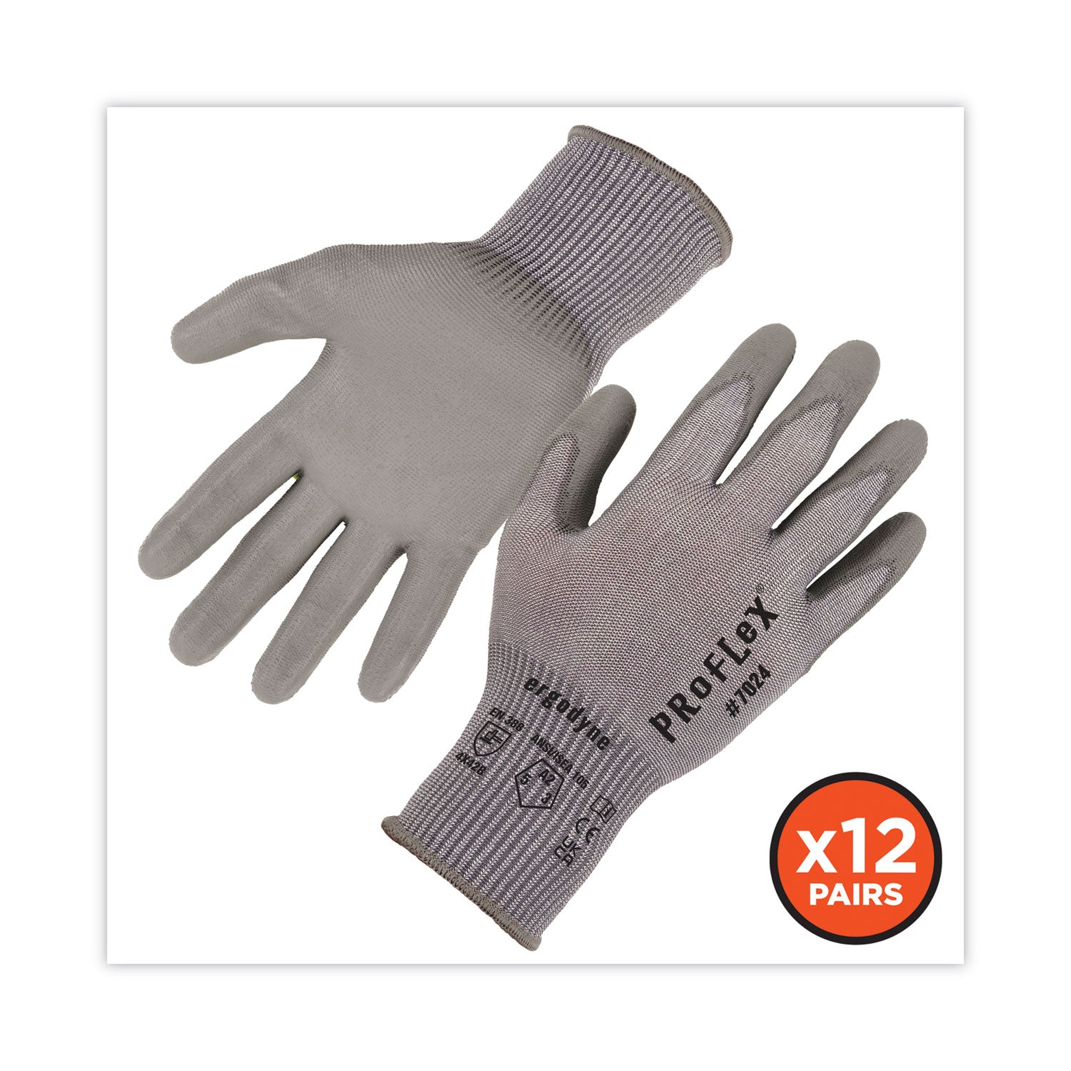 Ergodyne 7024 PU-Coated Cut-Resistant Gloves, Small, Gray, Touchscreen Capable, Polyurethane Palm, HPPE/Nylon Spandex, 2 Pairs per Pack