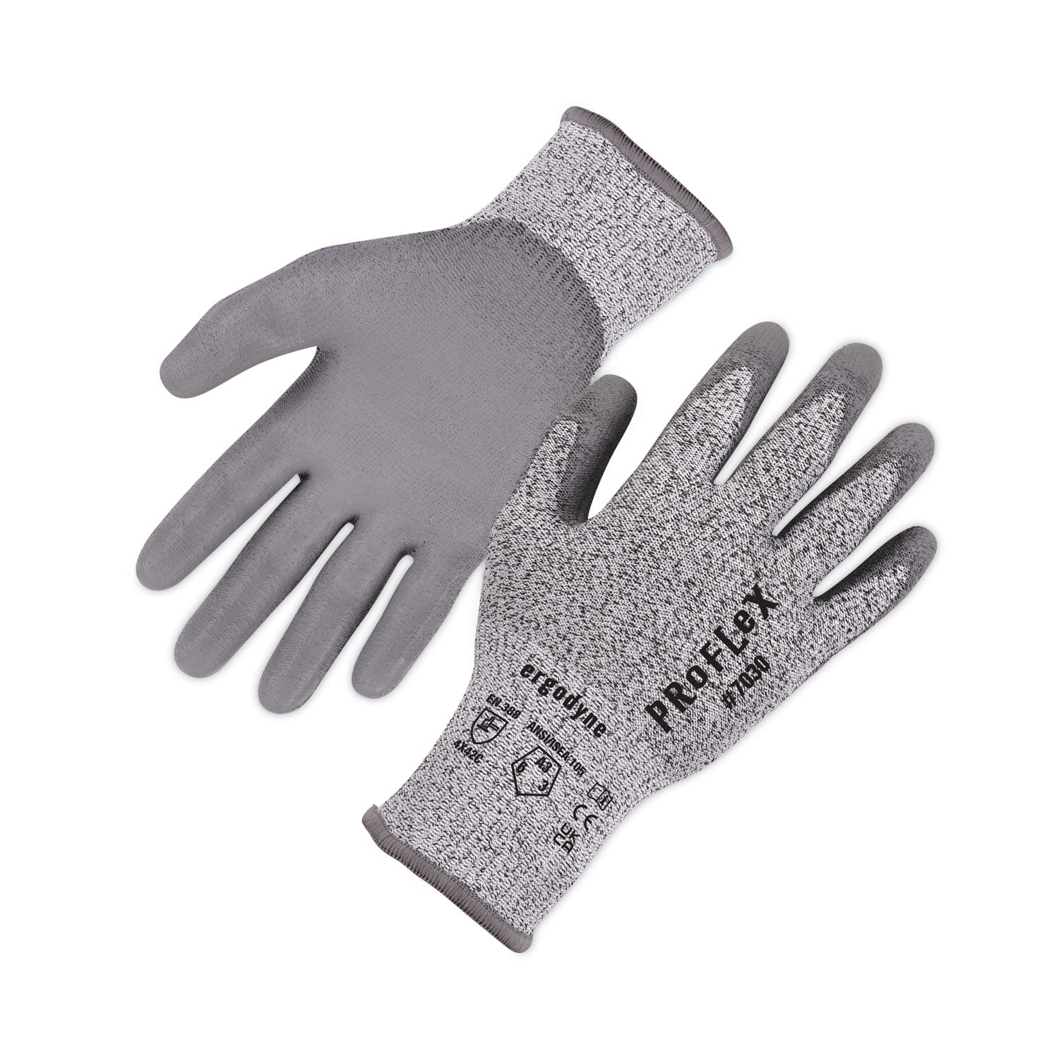 Ergodyne ProFlex 7030 PU-Coated Cut-Resistant Gloves, Large, Gray, HPPE/Nylon Spandex, Polyurethane Palm, Touchscreen Capable, Abrasion and Cut Resistant, 2 Pairs per Pack