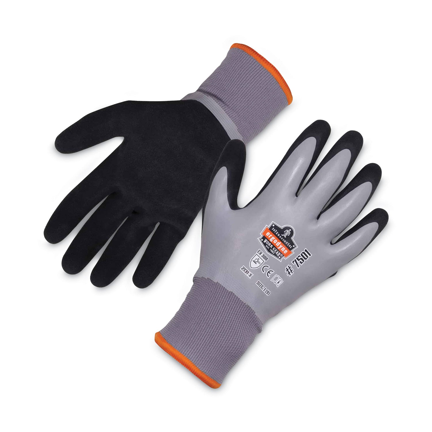 Ergodyne ProFlex 7501 Coated Waterproof Winter Work Gloves, Large, Gray, Nitrile & Latex Coating, 1.75" Thick, 10.50" Length, 2 Pairs per Pack, 12 Packs per Carton