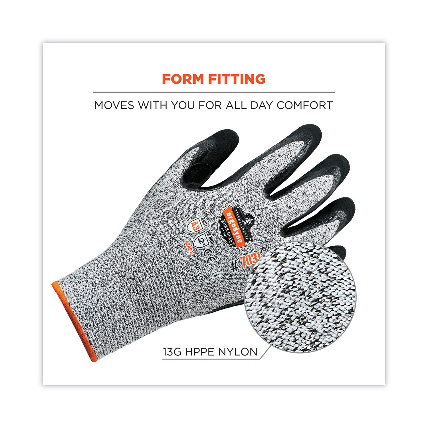 Ergodyne ProFlex 7031 Nitrile-Coated Cut-Resistant Gloves, A3 Level, Large, Gray, 2/Pair, 12 Pairs per Carton, 2" Thickness, 10" Length, Seamless Knit Wrist, Abrasion & Puncture Resistant, Machine Washable