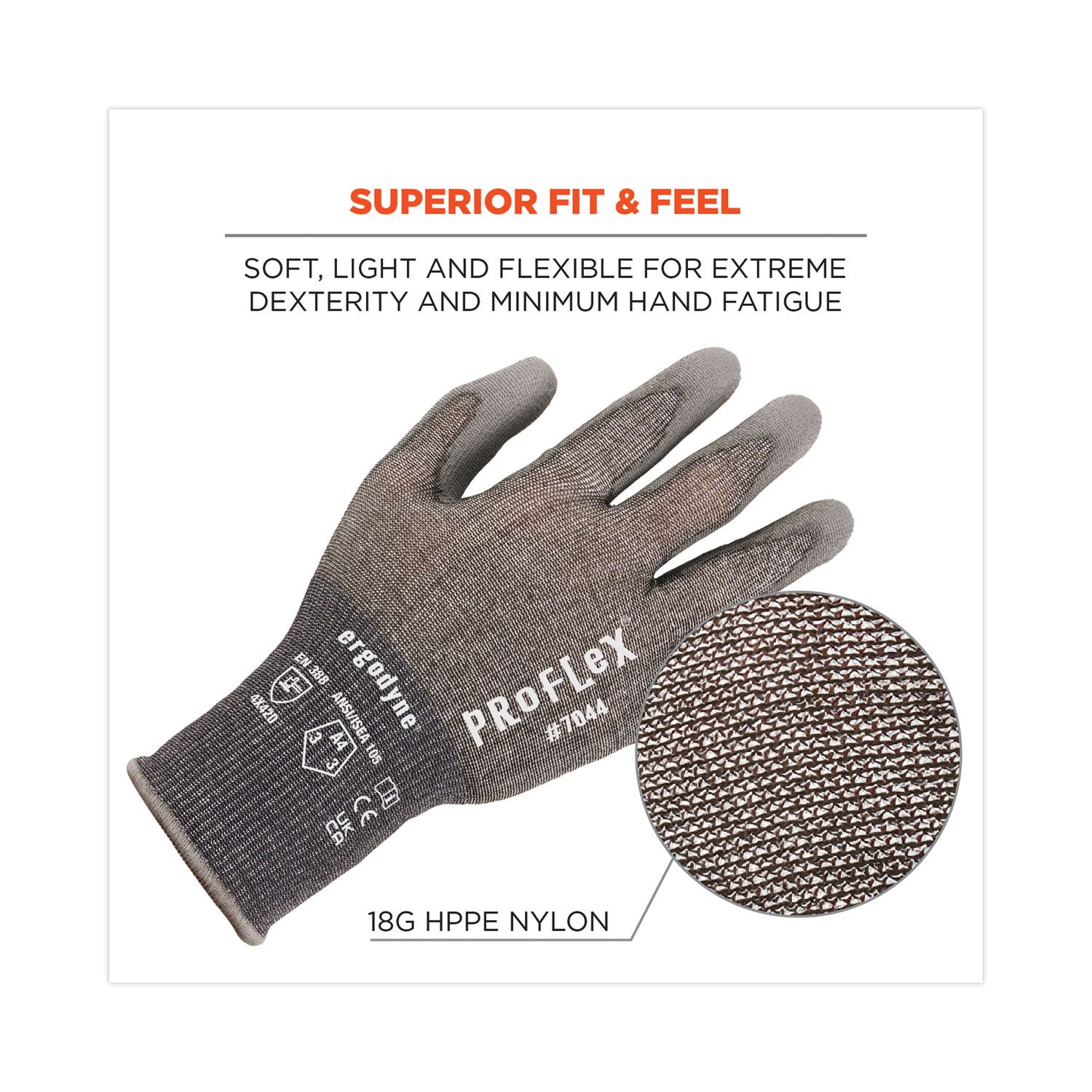 Ergodyne ProFlex 7044 PU-Coated Cut-Resistant Gloves, Medium, Gray, HPPE/Polyester, Polyurethane Palm, Touchscreen Capable, ANSI A4 Cut Level, 18-Gauge, 2 Pairs