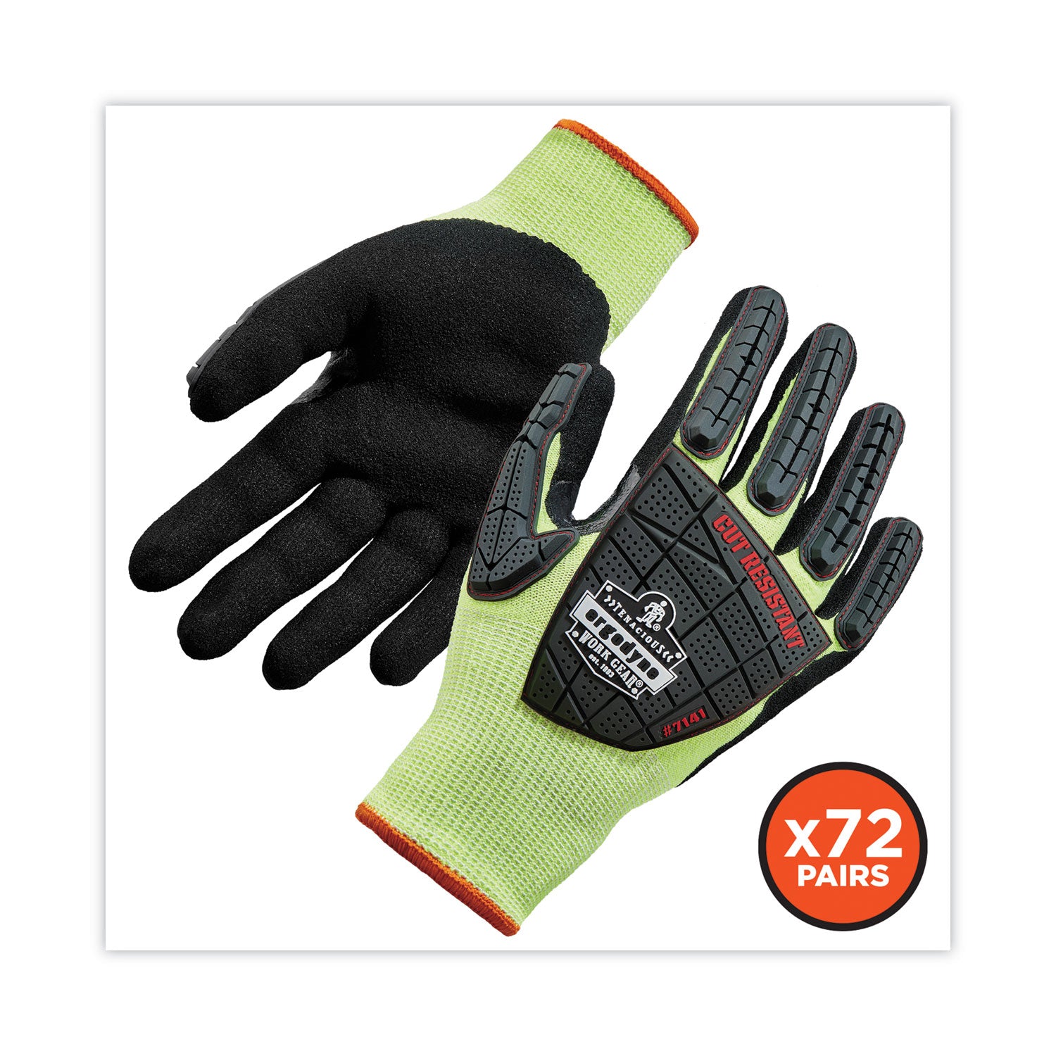 Ergodyne ProFlex 7141 Nitrile-Coated DIR Level 4 Cut-Resistant Gloves, Large, Lime, 1.75" Thick, 10" Length, 2 Pairs per Pack, 72 Packs per Carton