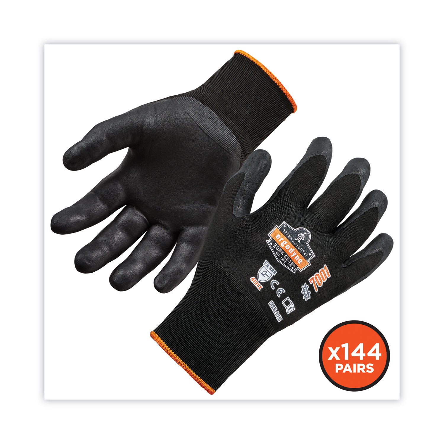 Ergodyne ProFlex 7001 Abrasion-Resistant Nitrile-Coated Gloves, Large, Black, Touchscreen Capable, Seamless Knit Wrist, 0.75" Thick, 9" Length, 2/Pair, 144 Pairs/Carton