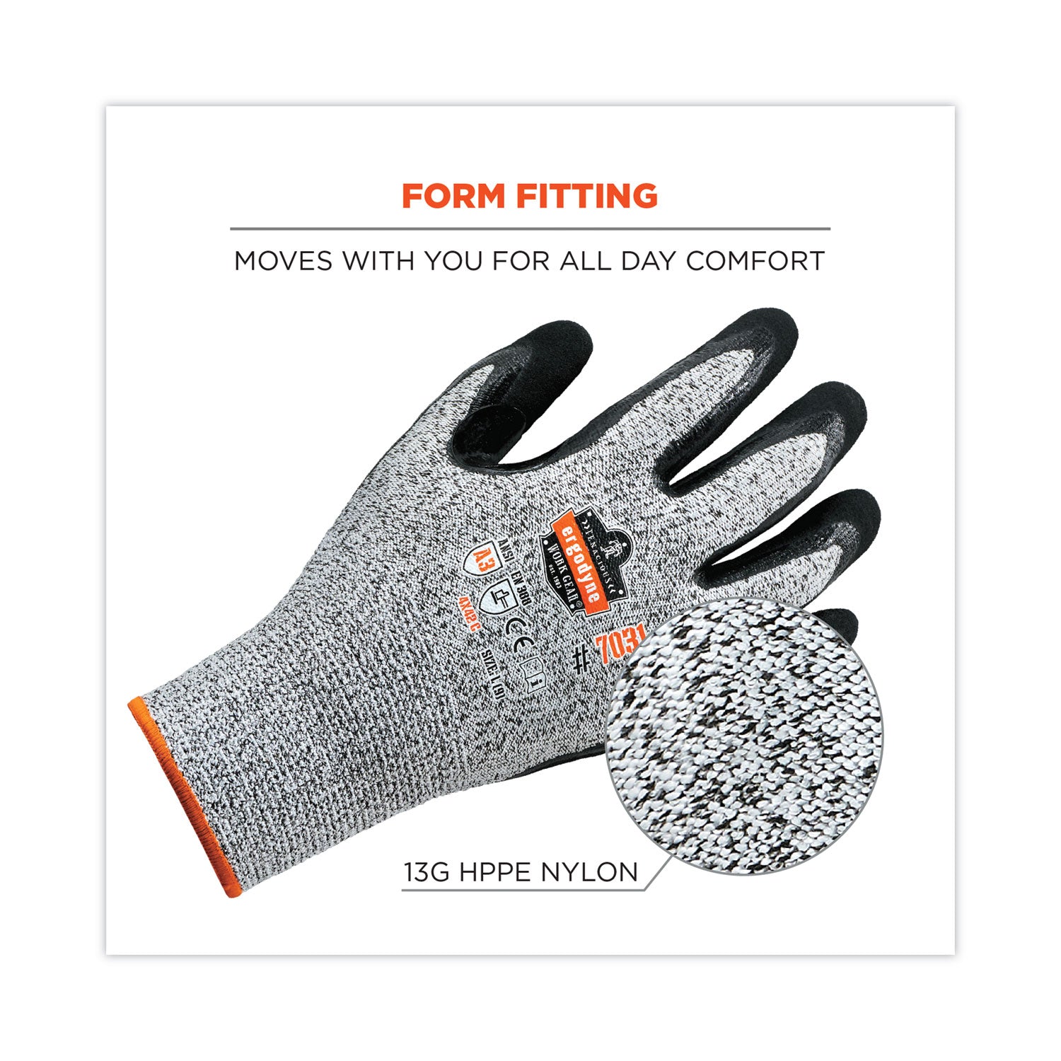 Ergodyne ProFlex 7031 Nitrile-Coated Cut-Resistant Gloves, A3 Level, Large, Gray, 2/Pair, 144 Pairs/Carton, 2" Thickness, 10" Length, Seamless Knit Wrist, High Visibility, Reinforced Thumb, Durable