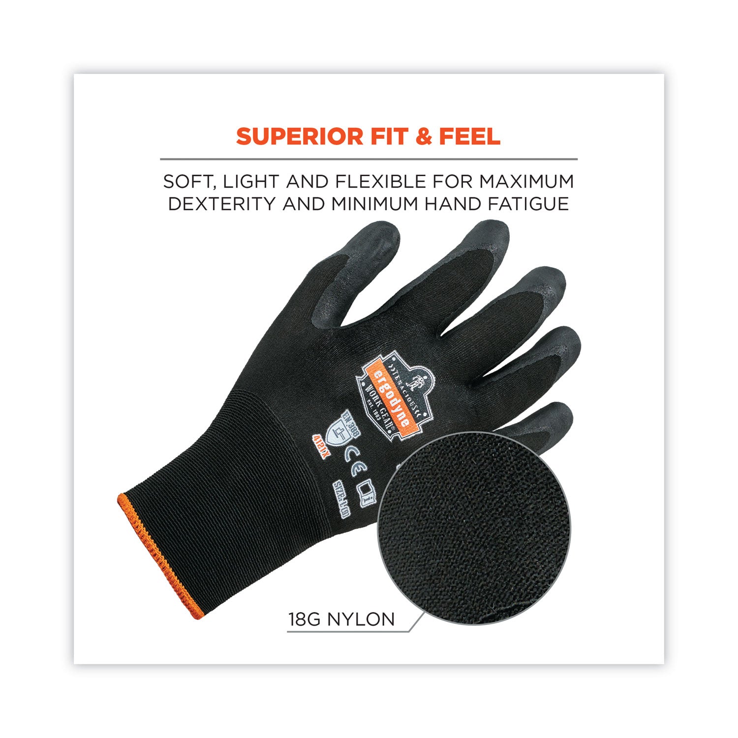 Ergodyne ProFlex 7001 Abrasion-Resistant Nitrile-Coated Gloves, Large, Black, Touchscreen Capable, Seamless, Knit Wrist, 0.75" Thick, 9" Length, 2 Pairs, 12 Bags