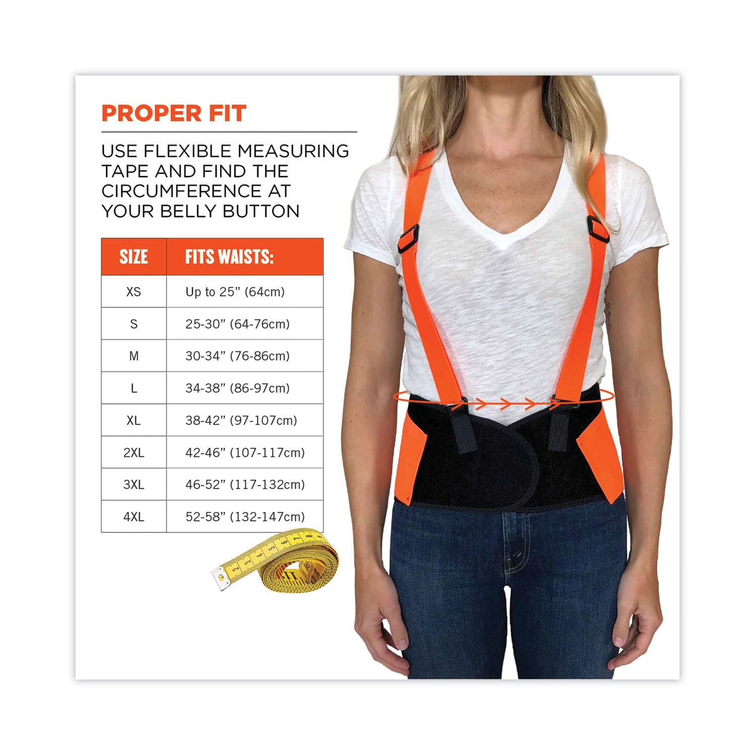 Ergodyne ProFlex 100HV Economy Hi-Vis Back Brace - 0.50" to 1" Adjustable Height - 52" to 58" Waist Size - Orange - Rubber, Polypropylene, Spandex - 1 Each