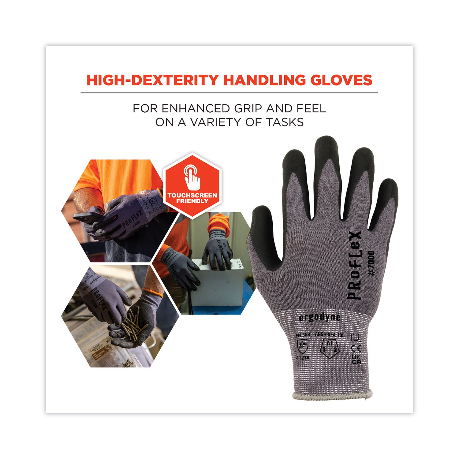 Ergodyne ProFlex 7000 Nitrile-Coated Gloves, X-Large, Gray, Microfoam Nitrile Palm, Touchscreen Capable, Abrasion and Cut Resistant, Lightweight, Flexible, Snug Fit, 2 Pairs per Pack