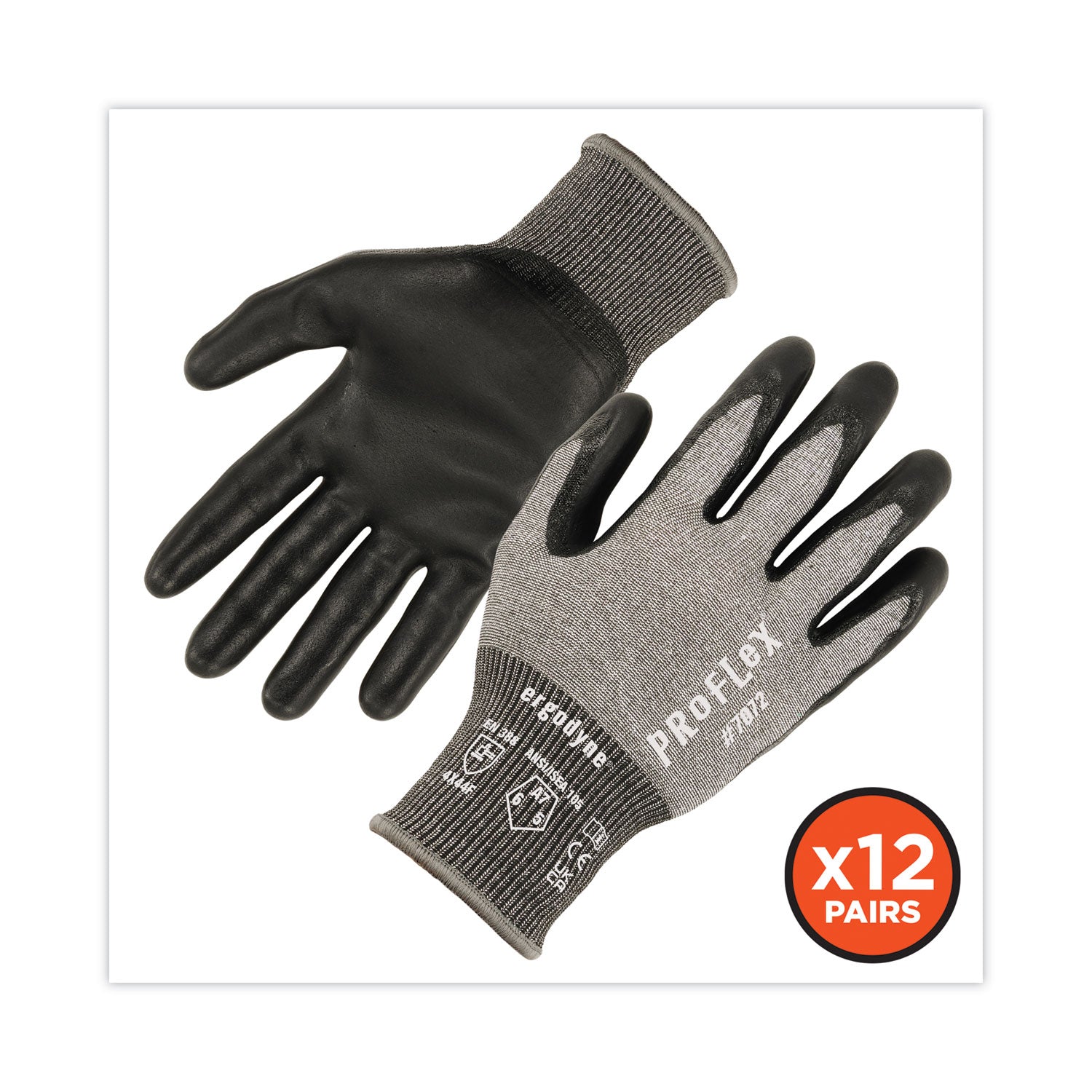 Ergodyne ProFlex 7072 Nitrile-Coated Cut-Resistant Gloves, Large, Gray, 18-Gauge, ANSI A7, Dual Layer, Machine Washable, Abrasion Resistant, Non-slip Grip, 2 Pairs per Pack