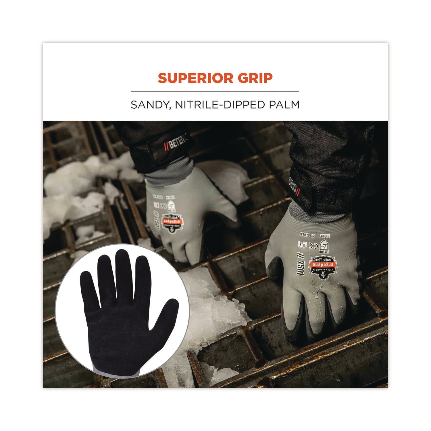 Ergodyne ProFlex 7501 Coated Waterproof Winter Work Gloves, Large, Gray, Nitrile & Latex Coating, 1.75" Thick, 10.50" Length, 2 Pairs per Pack, 12 Packs per Carton