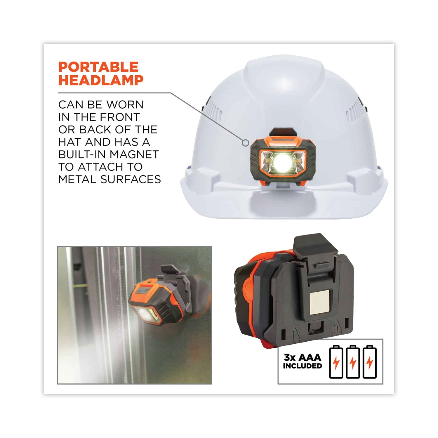 Ergodyne Skullerz 8972LED Cap-Style Hard Hat with LED Light, Vented, Adjustable, Removable Sweatband, White, 1 Each