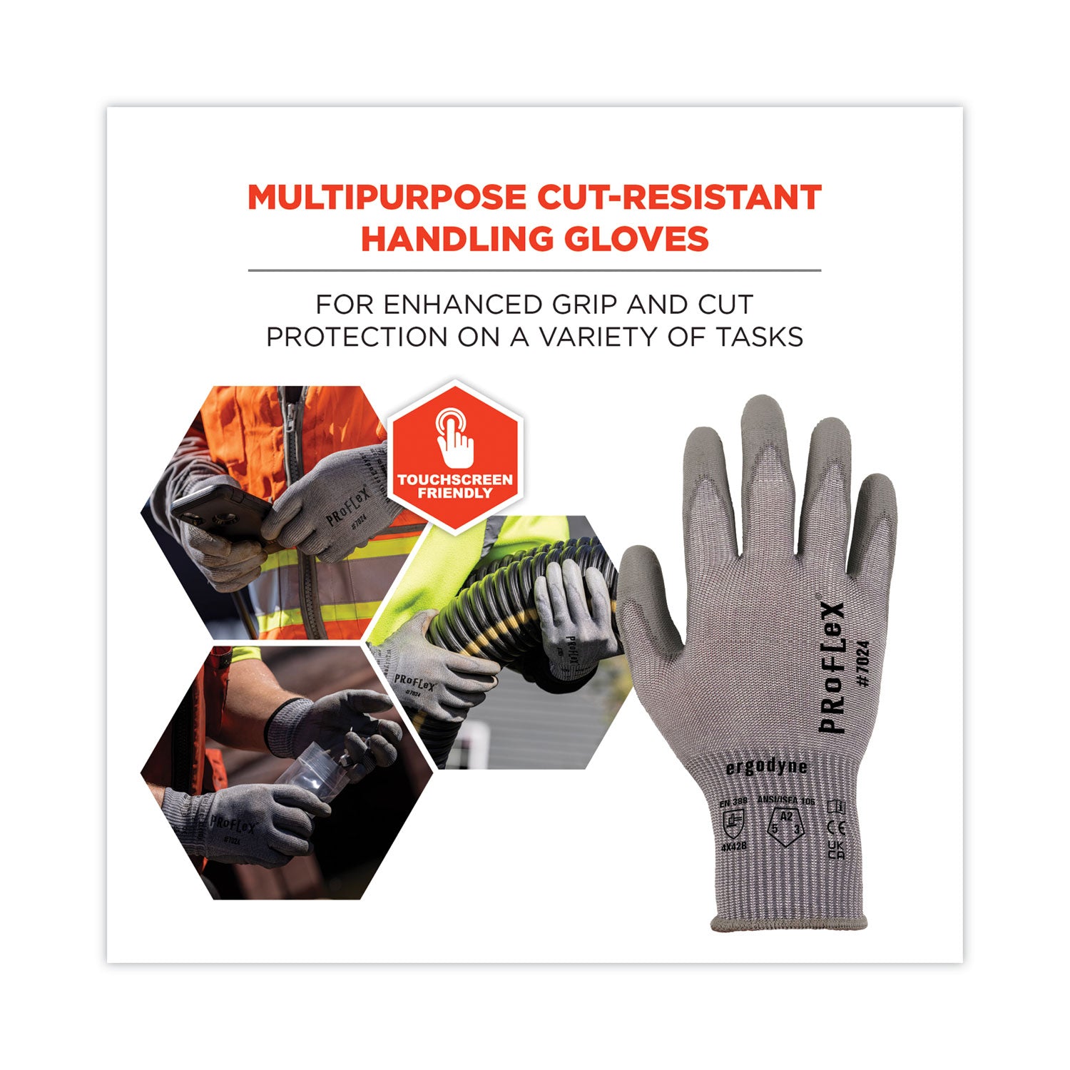 Ergodyne 7024 PU-Coated Cut-Resistant Gloves, XXL, Gray, HPPE/Nylon Spandex, Polyurethane Palm, Touchscreen Capable, Machine Washable, 2 Pairs per Pack