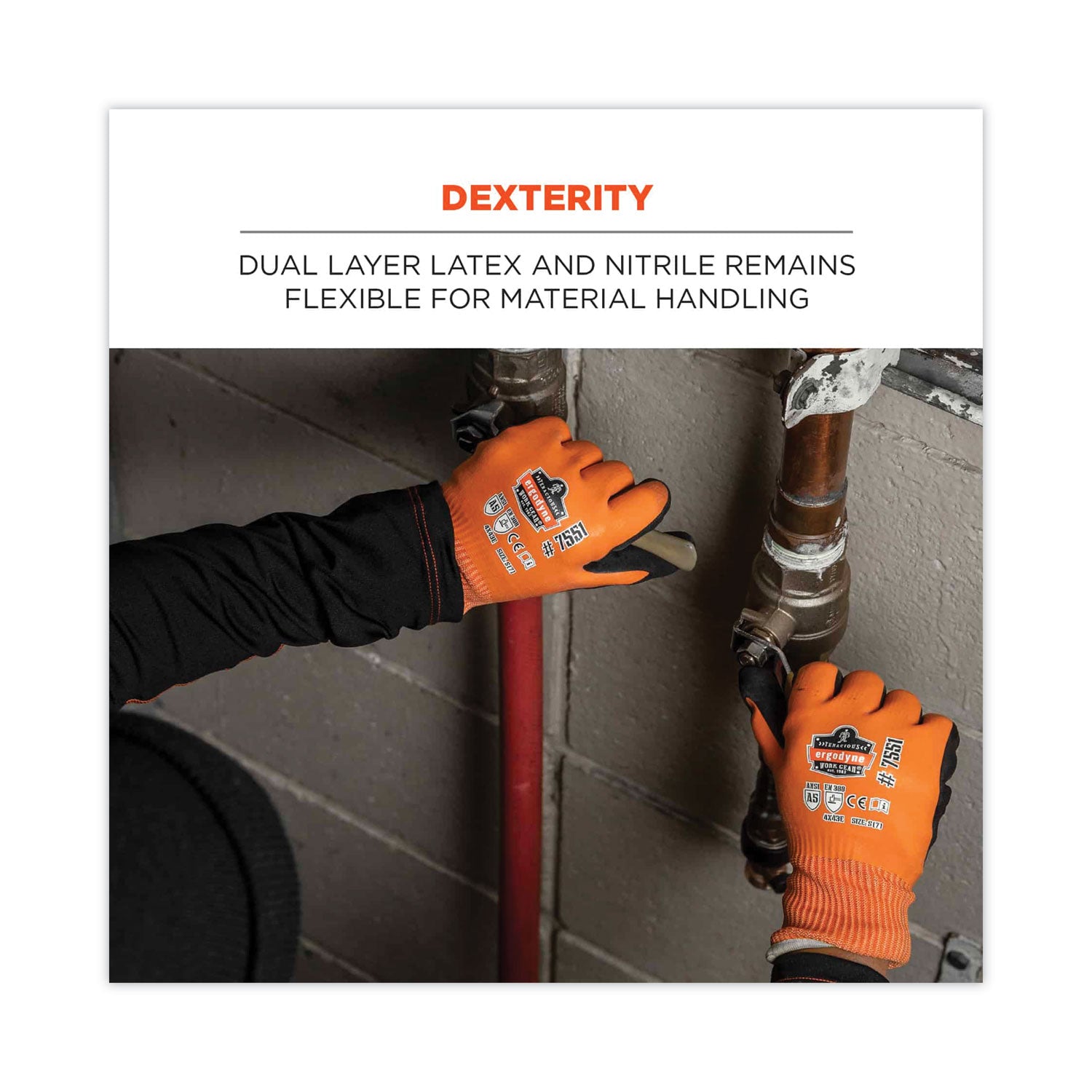 Ergodyne ProFlex 7551 A5 Coated Waterproof Gloves, Large, Orange, Nitrile & Latex Coating, Cut/Water/Cold/Puncture/Abrasion/Slash Resistant, Superior Grip, Machine Washable, 2 Pairs, 12 Carton