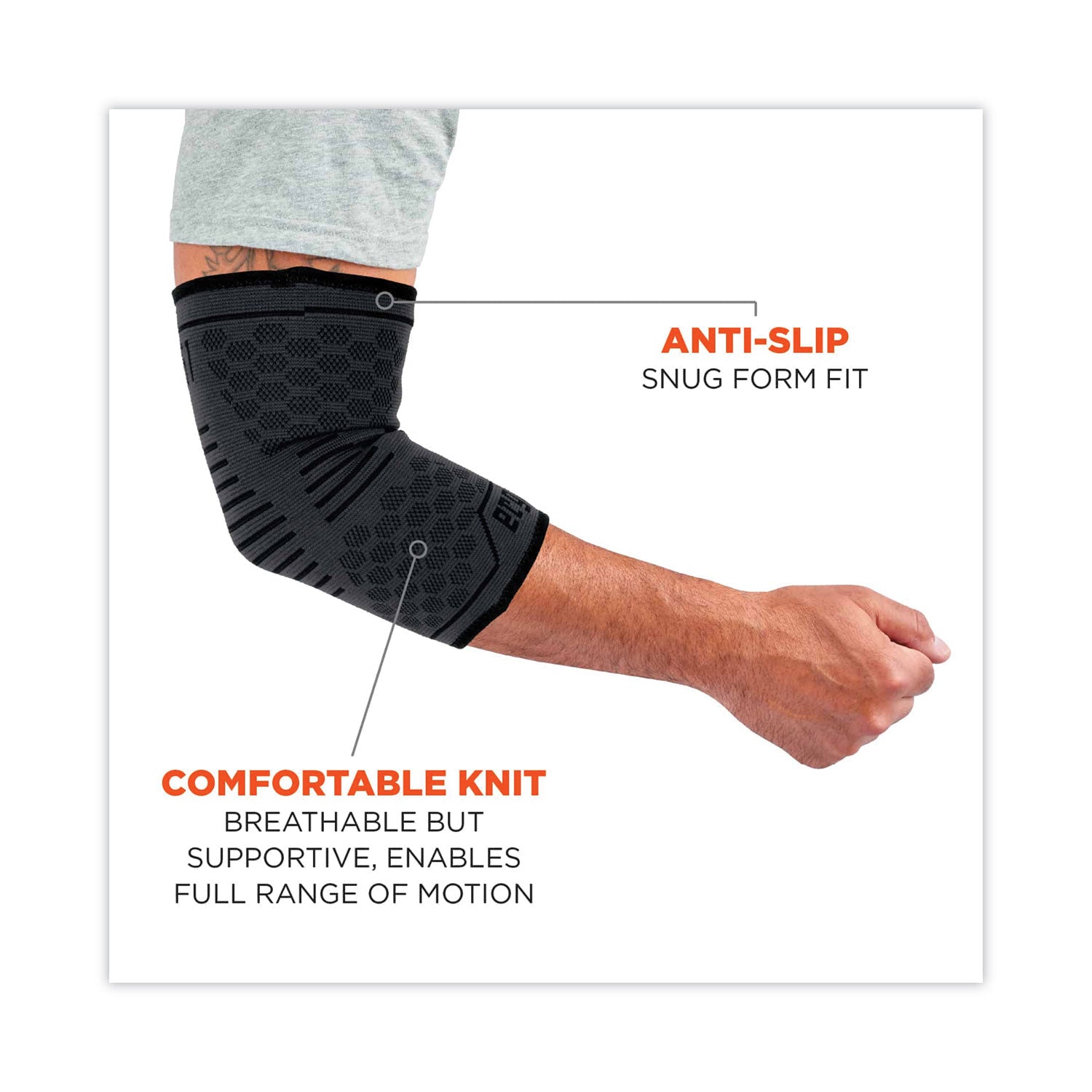 Ergodyne ProFlex 651 Elbow Compression Sleeve, Medium, 11.02"–12.60" Elbow Circumference, Black, Elastic, 1 Each