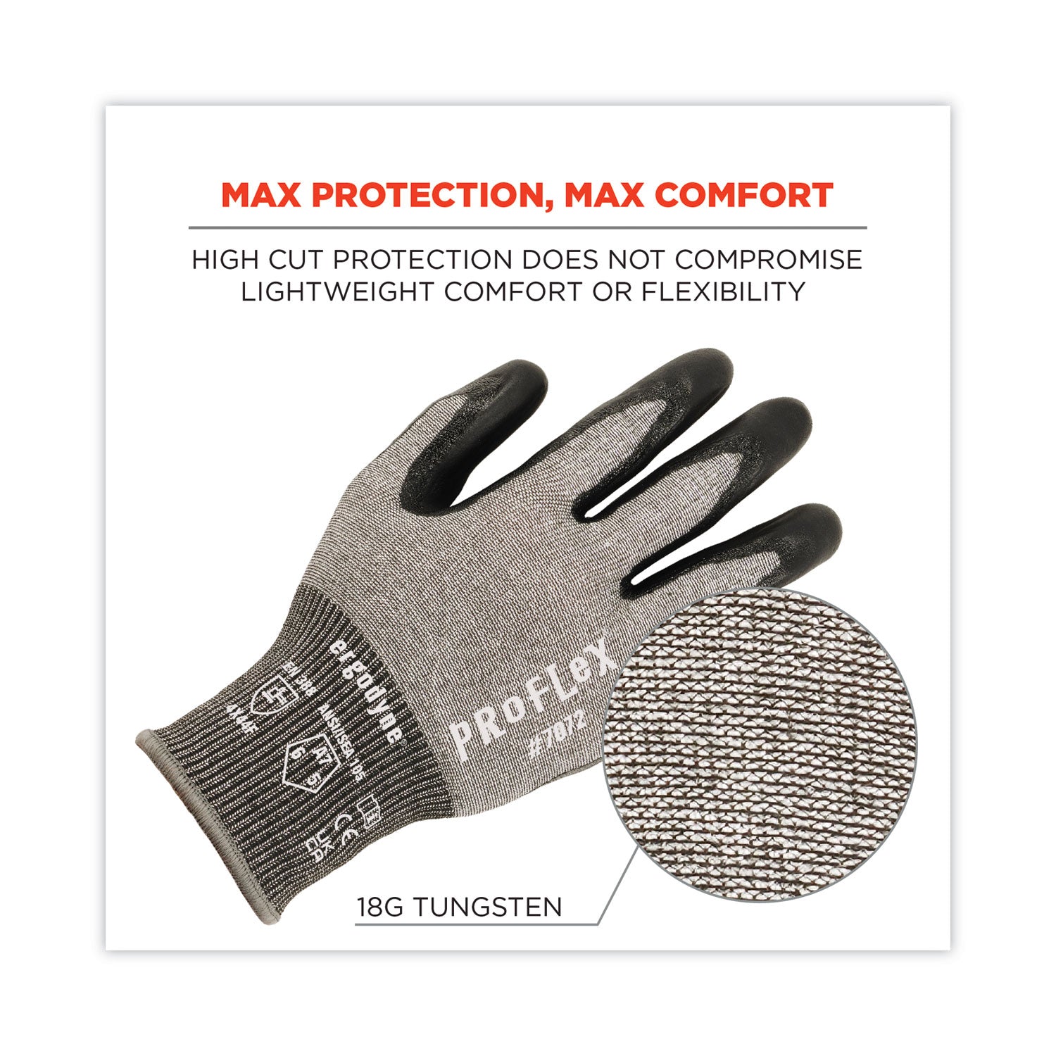 Ergodyne ProFlex 7072 Nitrile-Coated Cut-Resistant Gloves, Medium, Gray, ANSI A7, 18-Gauge, Dual Layer, Machine Washable, Non-slip, Breathable, 2 Pairs per Pack