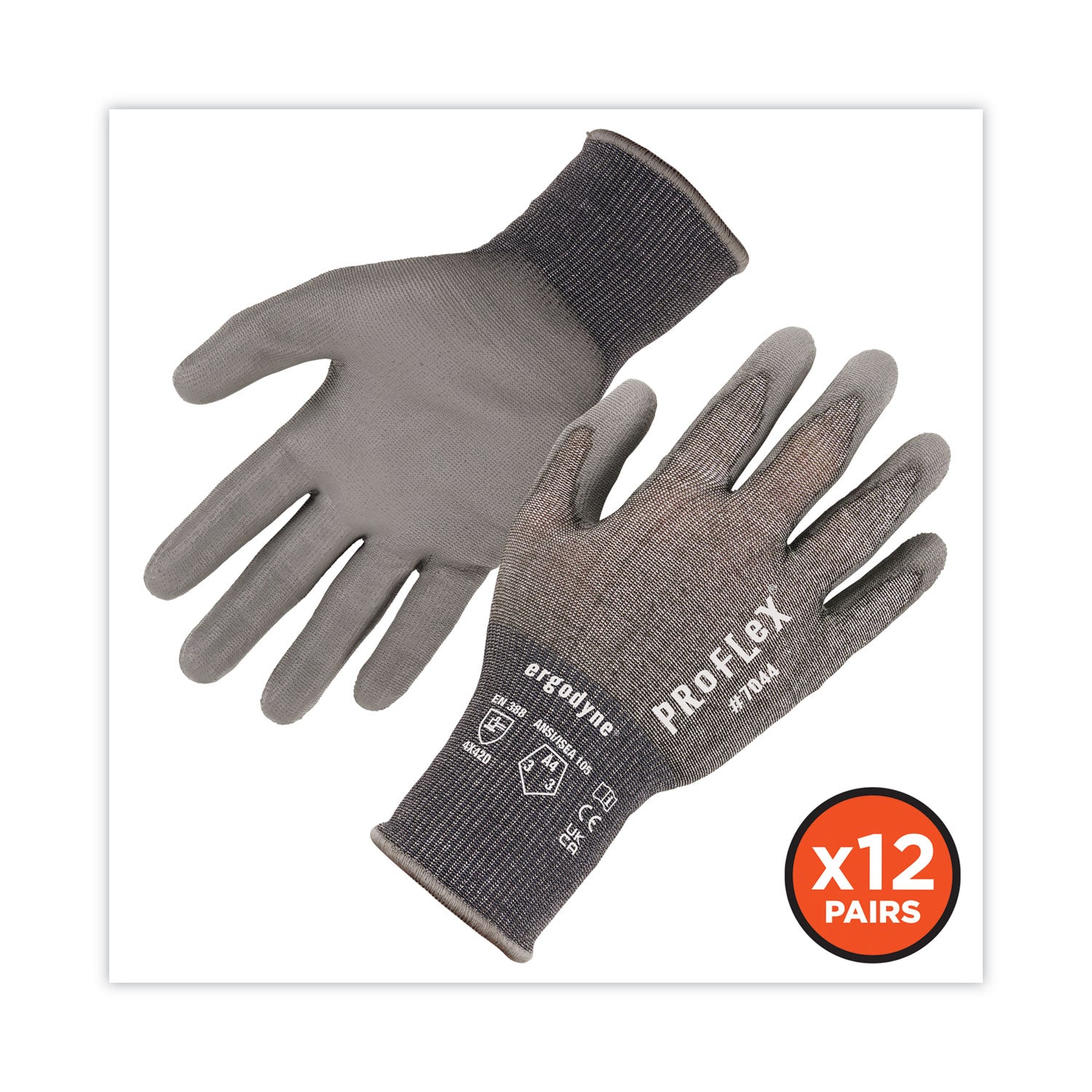 Ergodyne ProFlex 7044 PU-Coated Cut-Resistant Gloves, Small, Gray, HPPE/Polyester, Polyurethane Palm, Touchscreen Capable, ANSI A4 Cut Level, 18-Gauge, 2 Pairs per Pack