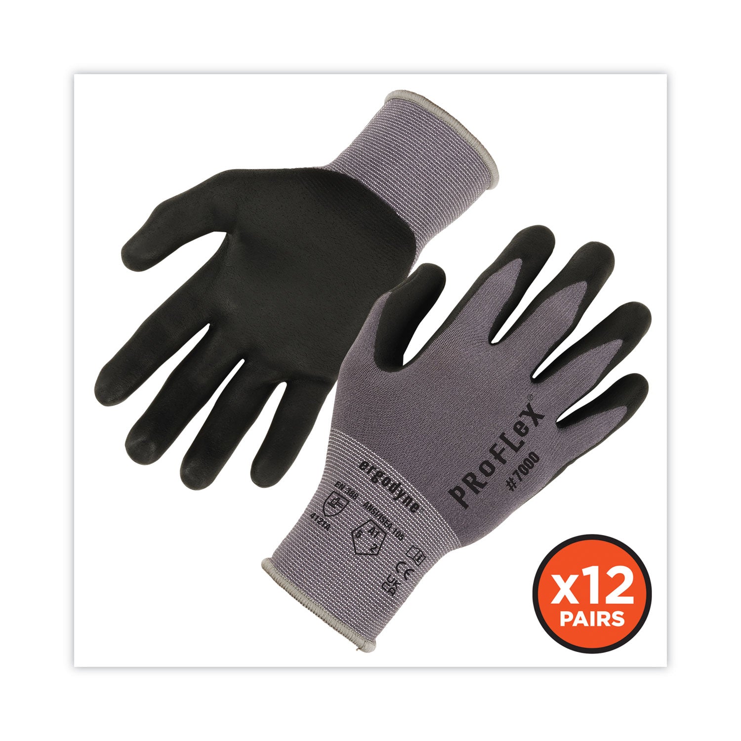 Ergodyne ProFlex 7000 Nitrile-Coated Gloves, Large, Gray, Touchscreen Capable, Abrasion and Cut Resistant, Lightweight, Flexible, Non-slip Grip, 2 Pairs per Pack, 12 Packs