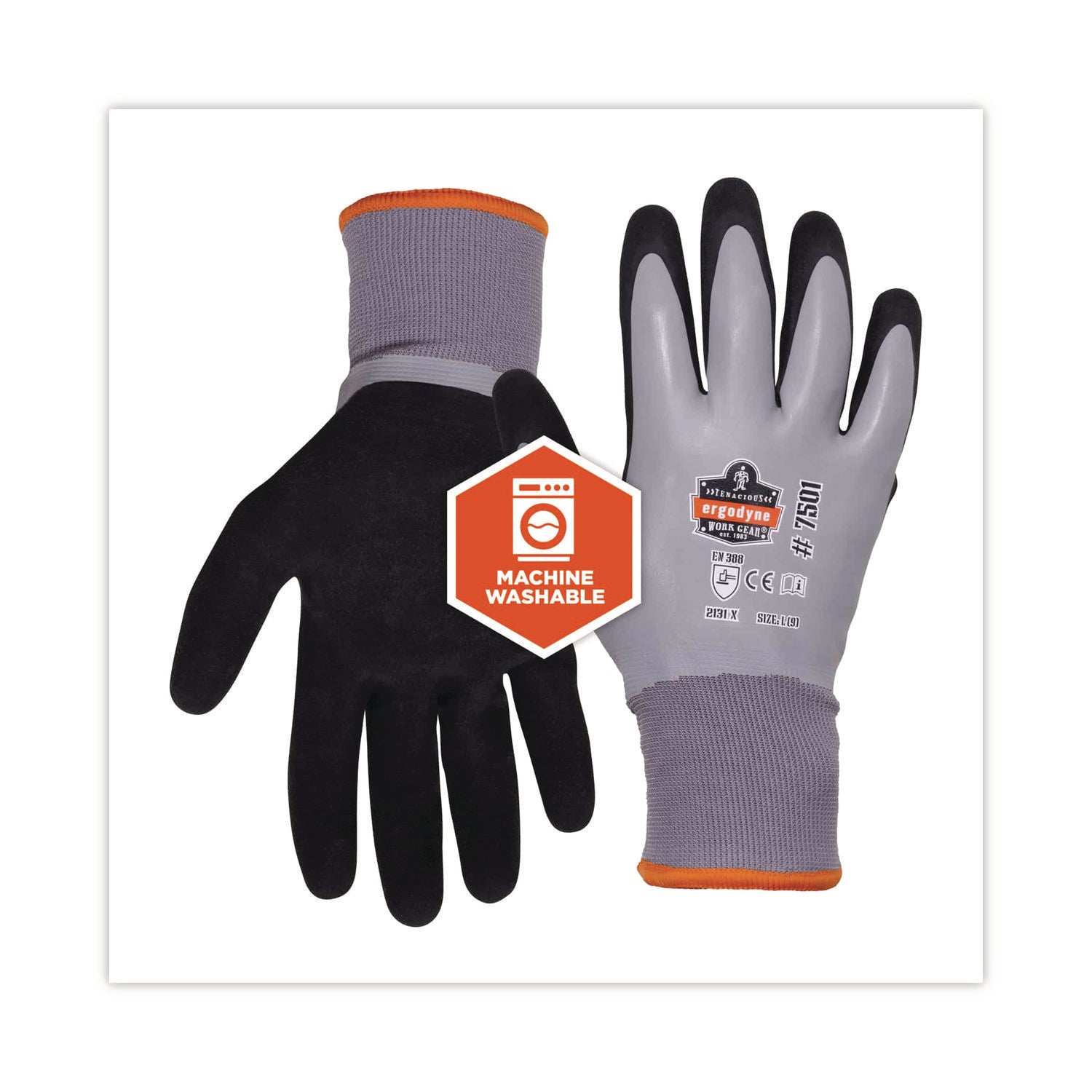 Ergodyne ProFlex 7501 Coated Waterproof Winter Work Gloves, Large, Gray, Nitrile & Latex Coating, 1.75" Thick, 10.50" Length, 2 Pairs per Pack, 12 Packs per Carton