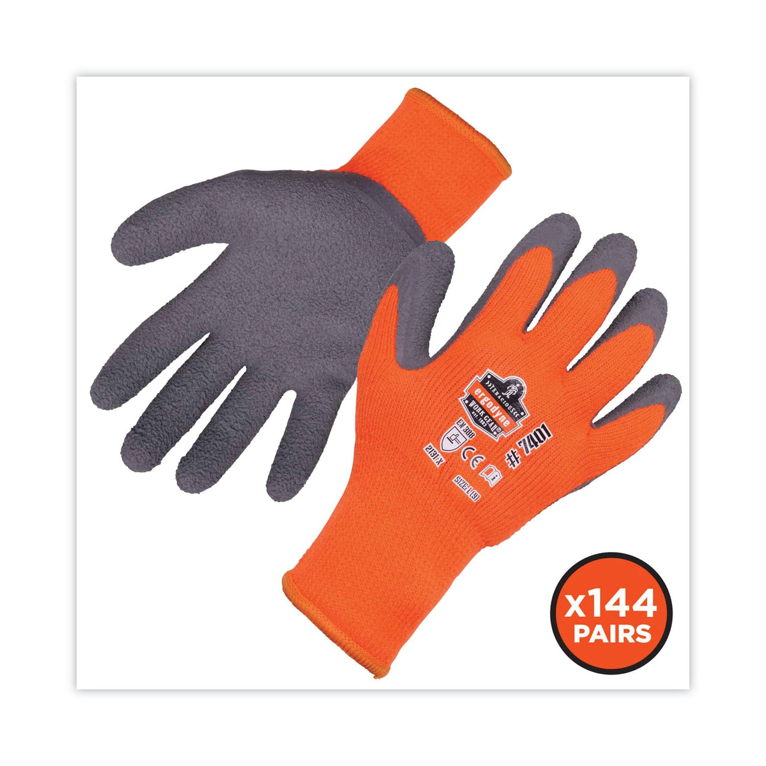 Ergodyne ProFlex 7401 Coated Lightweight Winter Work Gloves, Large, Orange, Latex Coating, Thermal Protection, Cut Resistant, Machine Washable, 2 Pairs per Pack, 144 Pairs per Carton