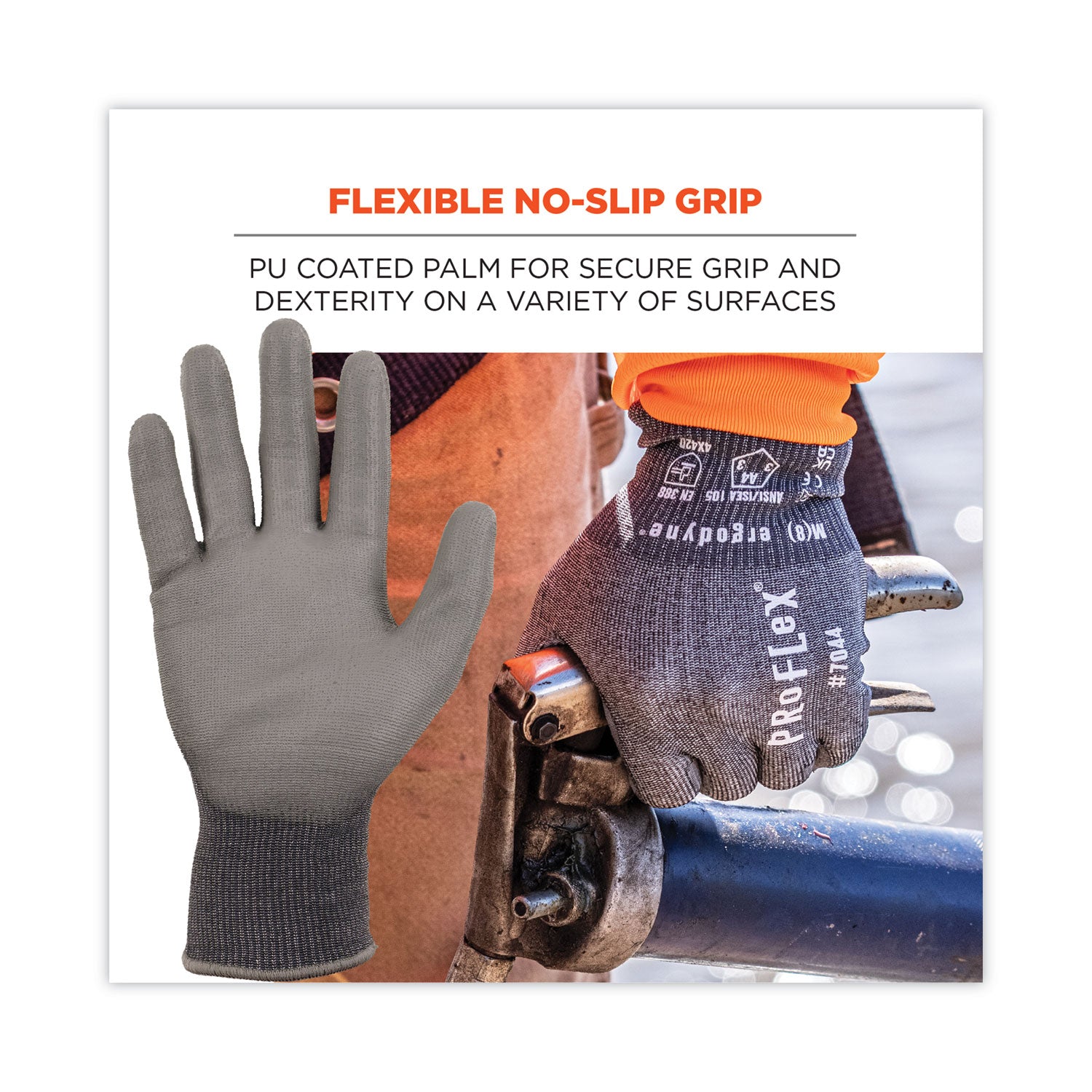Ergodyne ProFlex 7044 PU-Coated Cut-Resistant Gloves, Medium, Gray, HPPE/Polyester, Polyurethane Palm, Touchscreen Capable, ANSI A4 Cut Level, 18-Gauge, 2 Pairs