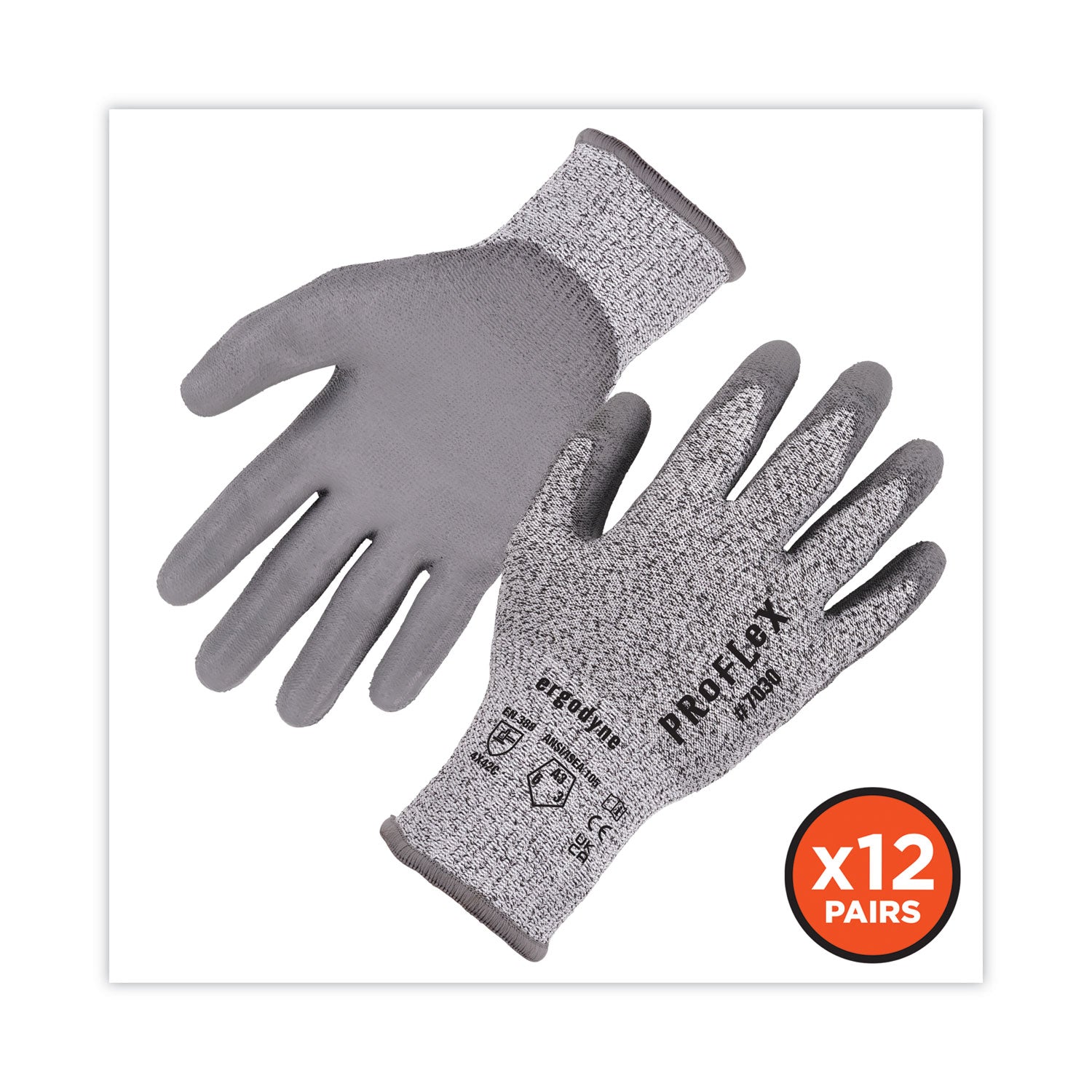 Ergodyne 7030 PU-Coated Cut-Resistant Gloves, XXL, Gray, HPPE/Nylon Spandex, Polyurethane Palm, Touchscreen Capable, Abrasion & Cut Resistant, 2/Pair Pack