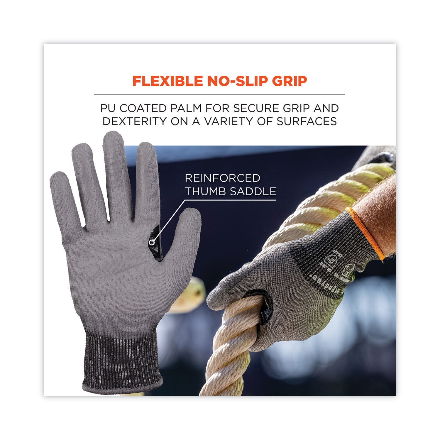 Ergodyne 7071 PU-Coated Cut-Resistant Gloves, Medium, Gray, HPPE, Polyurethane Coating, Touchscreen Capable, Reinforced Thumb Saddle, 18-Gauge, ANSI A7, 2 Pairs per Pack