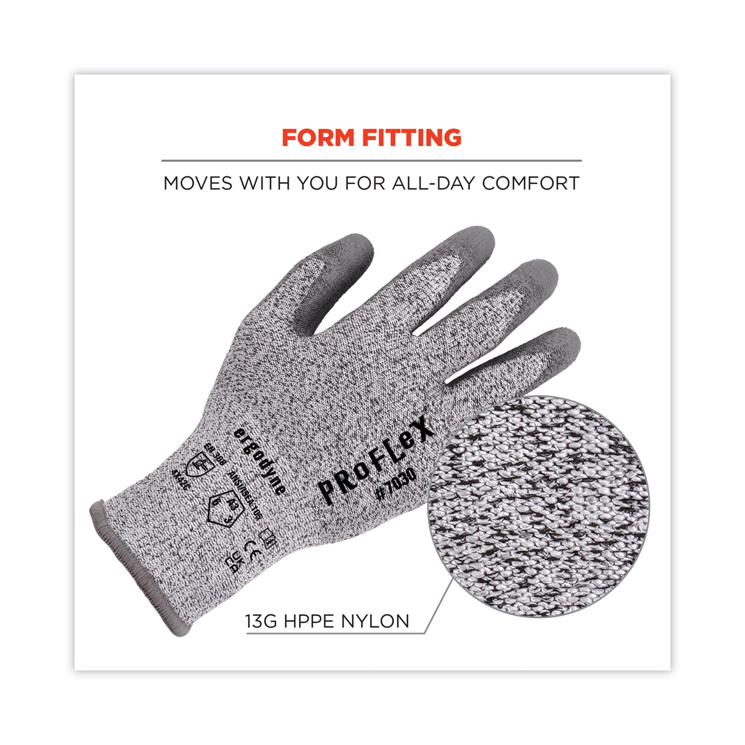 Ergodyne 7030 PU-Coated Cut-Resistant Gloves, XXL, Gray, HPPE/Nylon Spandex, Polyurethane Palm, Touchscreen Capable, Abrasion & Cut Resistant, 2/Pair Pack