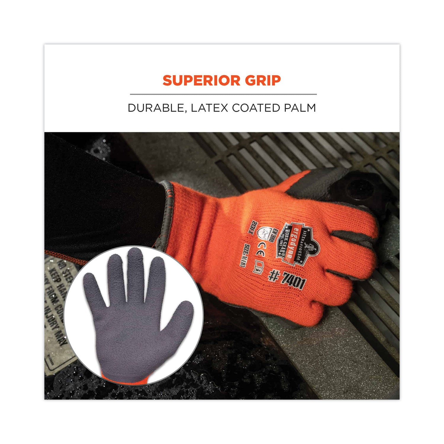 Ergodyne ProFlex 7401 Coated Lightweight Winter Work Gloves, Large, Orange, Latex Coating, Thermal Protection, Cut Resistant, Machine Washable, 2 Pairs per Pack, 144 Pairs per Carton