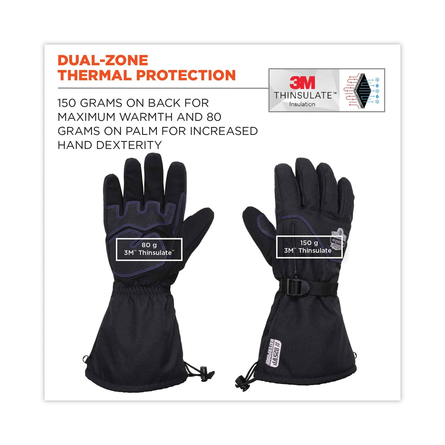 Ergodyne ProFlex 825WP Thermal Waterproof Winter Work Gloves, XXL, Black, Dual Layer, Touchscreen Capable, Reinforced Fingertip, Abrasion Resistant, Reflective Accent, Machine Washable, 2 Pairs