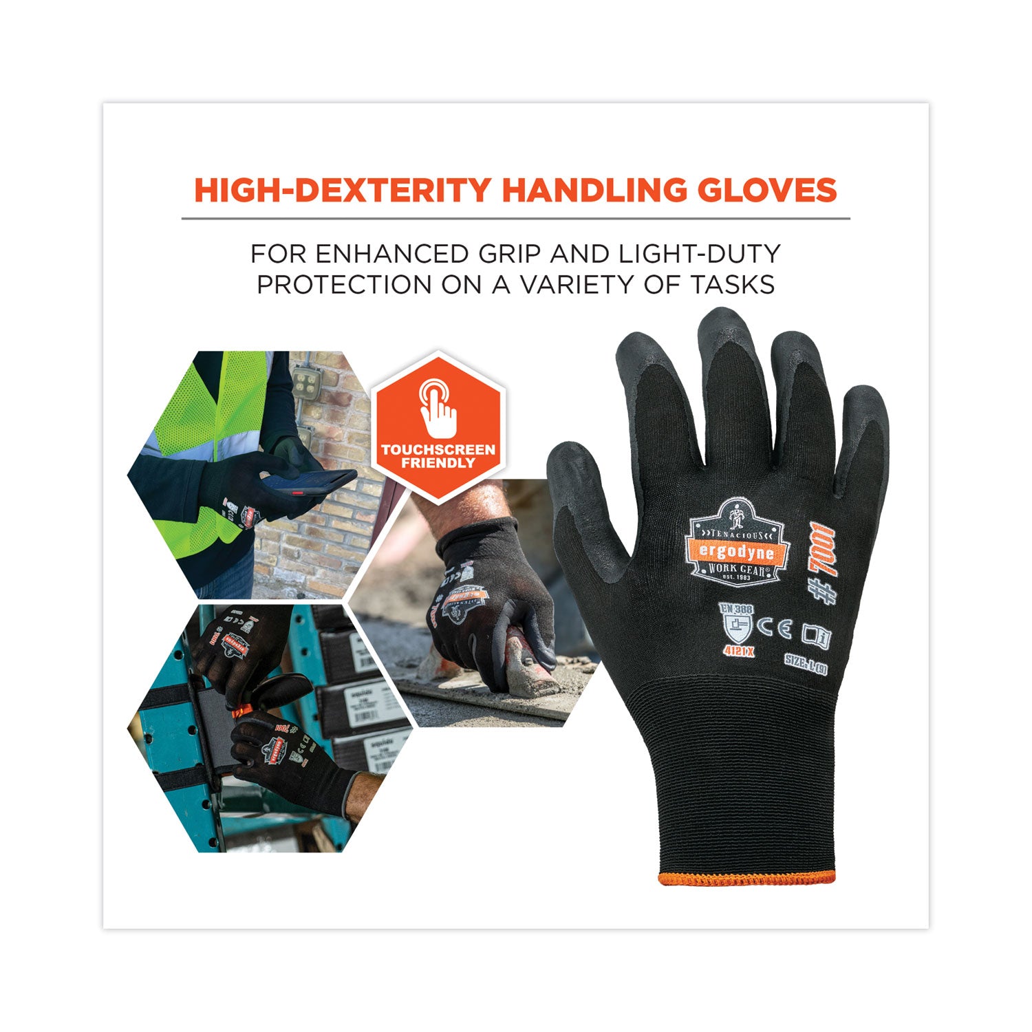 Ergodyne ProFlex 7001 Abrasion-Resistant Nitrile-Coated Gloves, Large, Black, Touchscreen Capable, Seamless, Knit Wrist, 0.75" Thick, 9" Length, 2 Pairs, 12 Bags