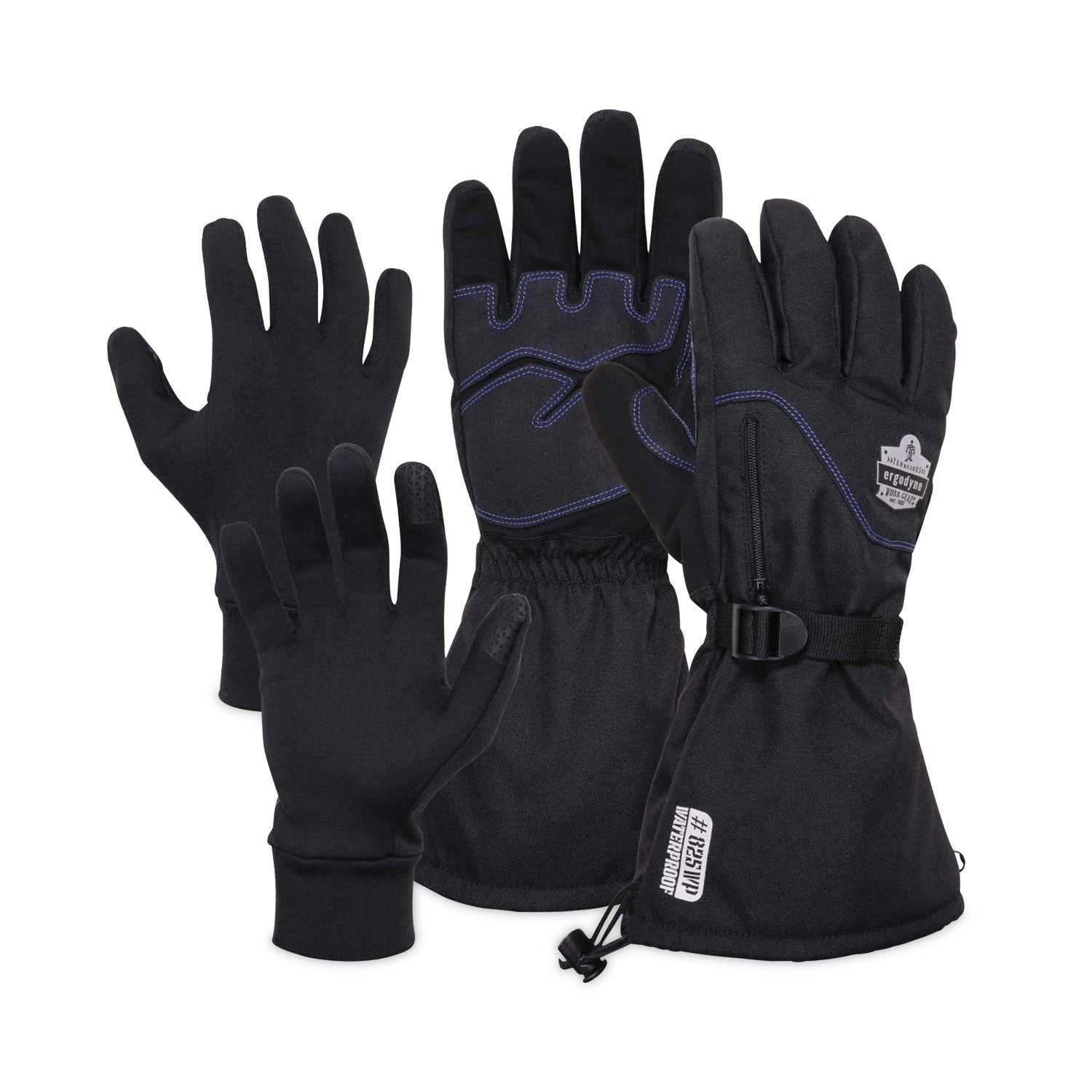 Ergodyne ProFlex 825WP Thermal Waterproof Winter Work Gloves, Small, Black, Touchscreen Capable, Dual Layer, Reinforced Fingertip, Abrasion Resistant, Reflective Accent, Machine Washable, 2 Pairs