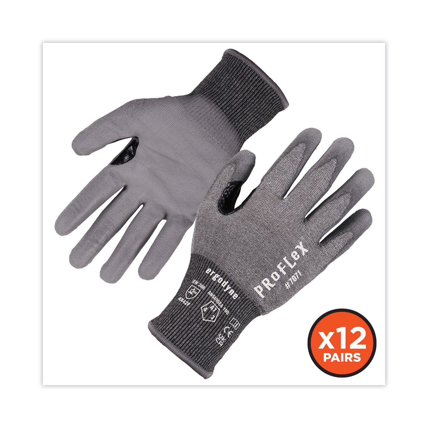 Ergodyne 7071 PU-Coated Cut-Resistant Gloves, Medium, Gray, HPPE, Polyurethane Coating, Touchscreen Capable, Reinforced Thumb Saddle, 18-Gauge, ANSI A7, 2 Pairs per Pack