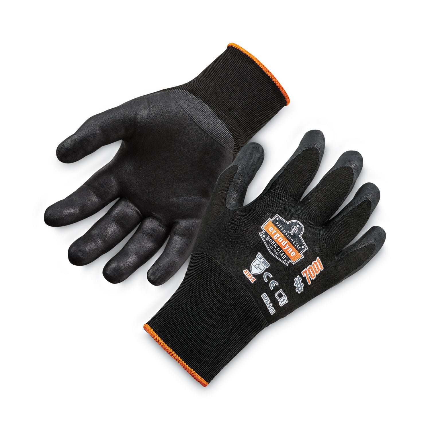 Ergodyne ProFlex 7001 Abrasion-Resistant Nitrile-Coated Gloves, Large, Black, Touchscreen Capable, Seamless, Knit Wrist, 0.75" Thick, 9" Length, 2 Pairs, 12 Bags
