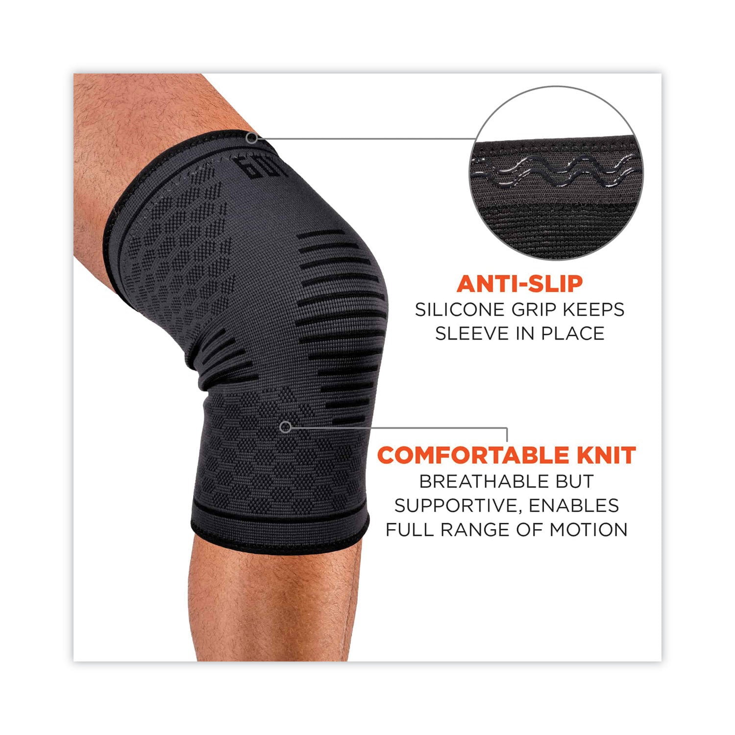 Ergodyne ProFlex 601 Knee Compression Sleeve - 12.20" to 13.78" Knee Circumference - Black - Silicone, Elastic - 1 Each