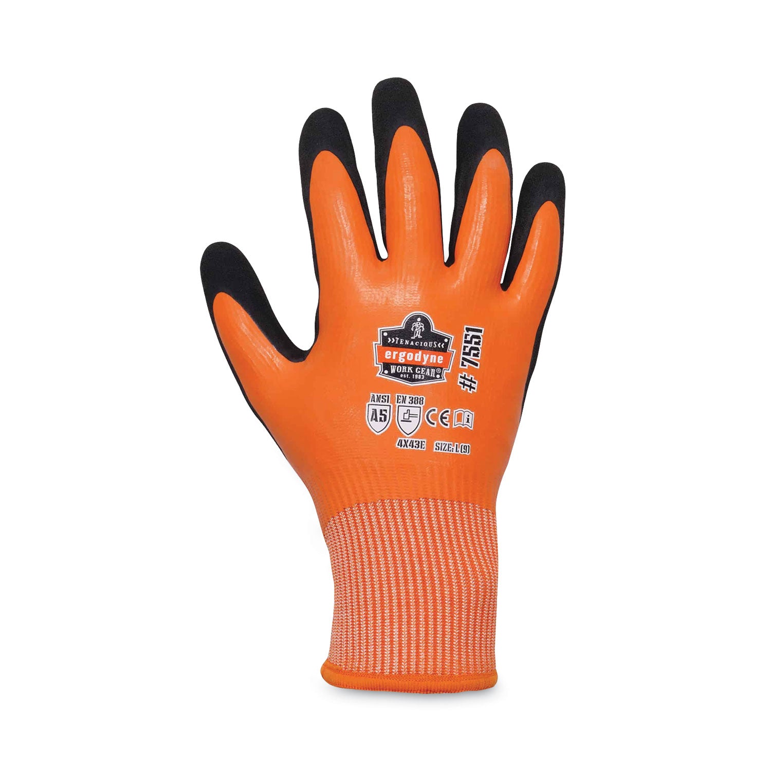 Ergodyne ProFlex 7551 A5 Coated Waterproof Gloves, Large, Orange, Nitrile & Latex Coating, Cut/Water/Cold/Puncture/Abrasion/Slash Resistant, Superior Grip, Machine Washable, 2 Pairs, 12 Carton