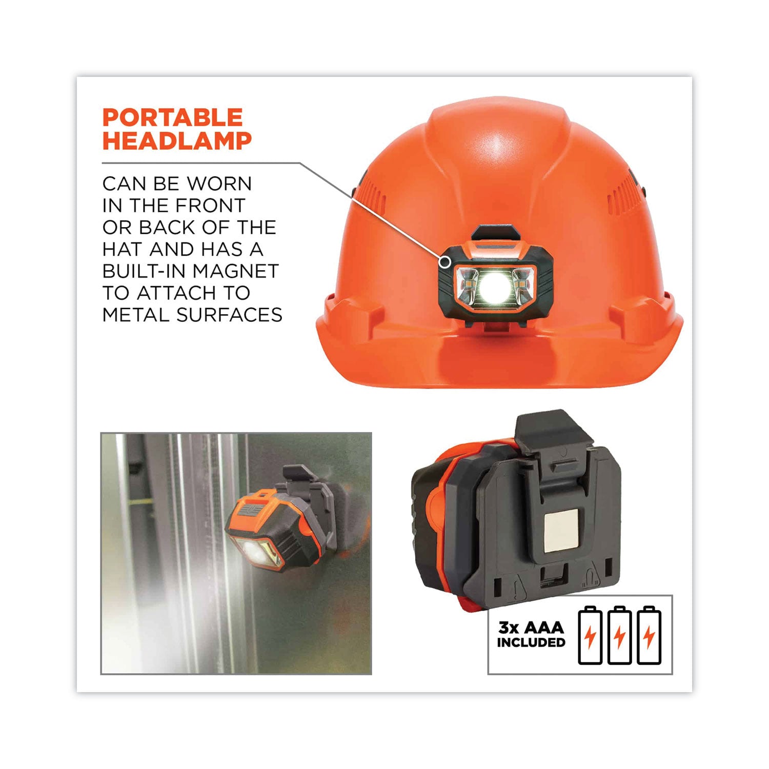 Ergodyne Skullerz 8972LED Cap-Style Hard Hat with LED Light, Vented, Adjustable Ratchet, Removable Sweatband, Orange, 1 Each
