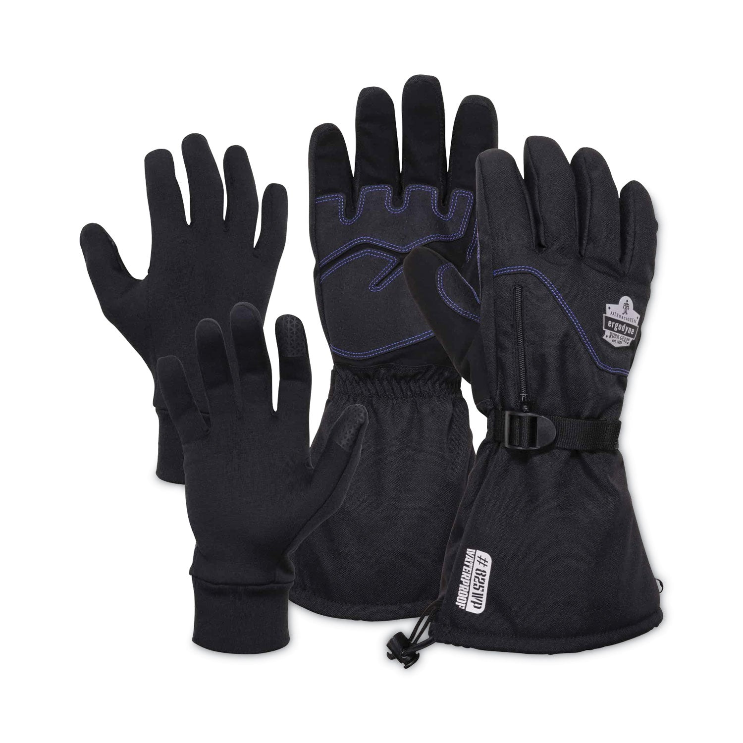 Ergodyne ProFlex 825WP Thermal Waterproof Winter Work Gloves, Large, Black, 3" Thickness, 13.75" Length, Touchscreen Capable, Dual Layer, Reinforced Fingertip, Reflective Accent, Machine Washable, 2 Pairs