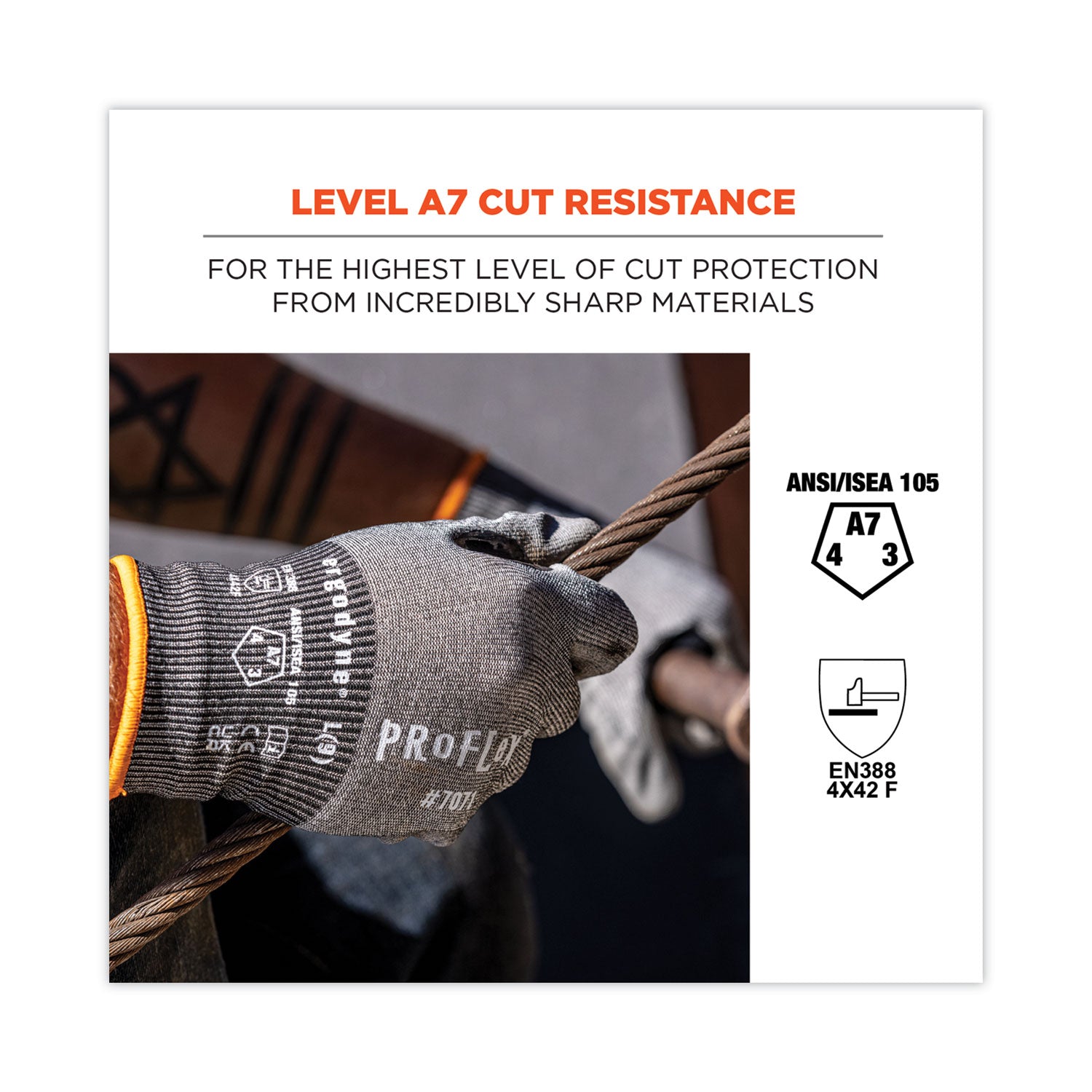 Ergodyne ProFlex 7071 PU-Coated Cut-Resistant Gloves, Large, Gray, ANSI A7, 18-Gauge HPPE, Touchscreen Capable, Reinforced Thumb Saddle, Machine Washable, 2 Pairs per Pack