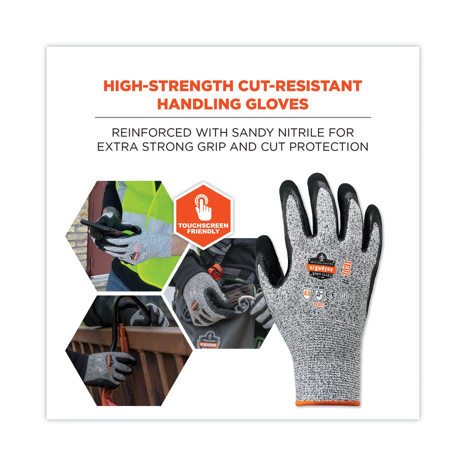 Ergodyne ProFlex 7031 Nitrile-Coated Cut-Resistant Gloves, A3 Level, Large, Gray, 2/Pair, 12 Pairs per Carton, 2" Thickness, 10" Length, Seamless Knit Wrist, Abrasion & Puncture Resistant, Machine Washable