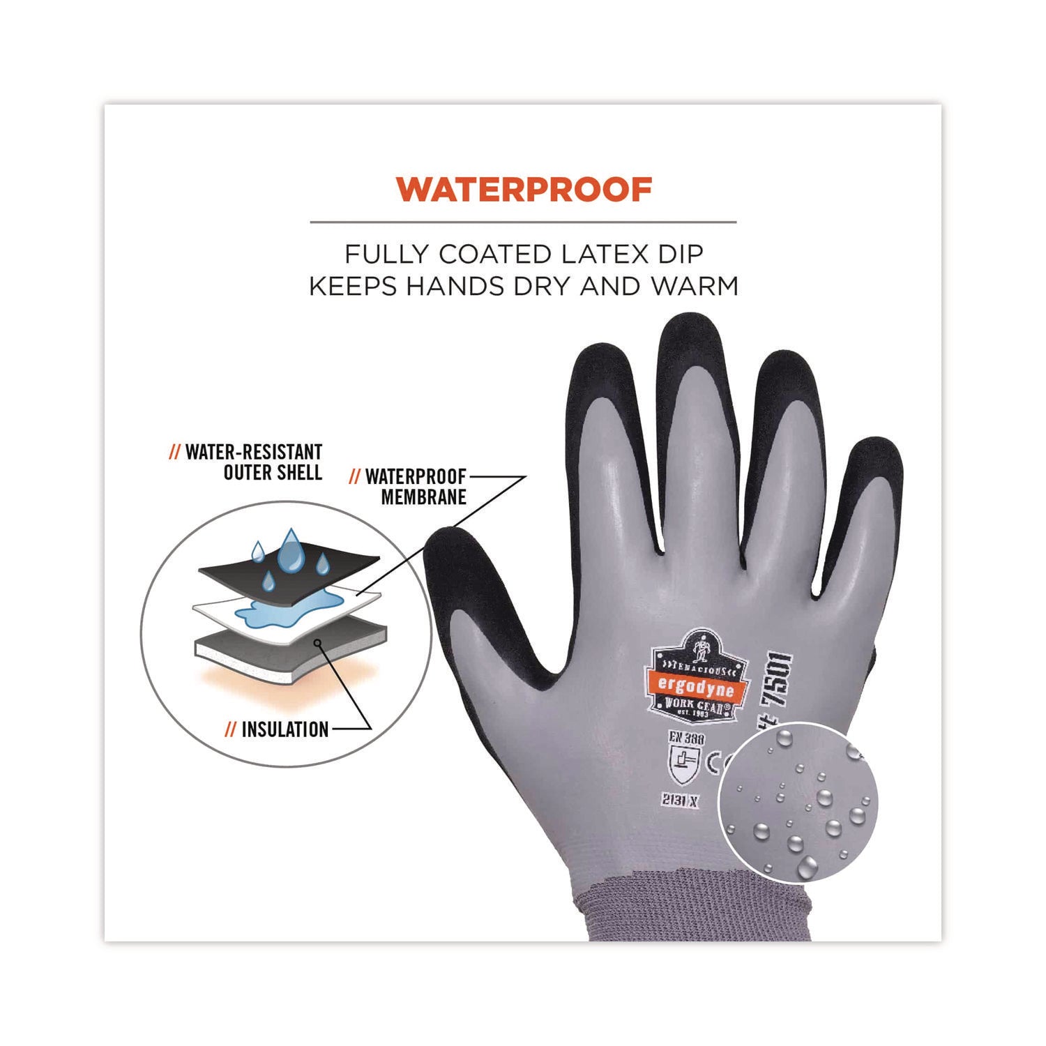 Ergodyne ProFlex 7501 Coated Waterproof Winter Work Gloves, Large, Gray, Nitrile & Latex Coating, 1.75" Thick, 10.50" Length, 2 Pairs per Pack, 12 Packs per Carton