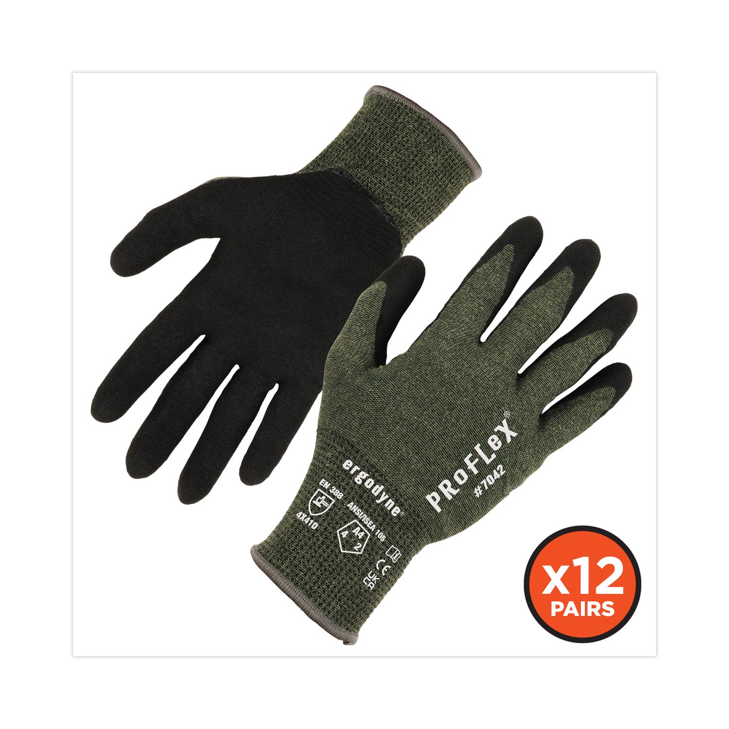 Ergodyne ProFlex 7042 Nitrile-Coated Cut-Resistant Gloves, XXL, Green, Synthetic Fiber, Touchscreen Capable, Machine Washable, 18-Gauge, ANSI A4, 2 Pairs per Pack, 12 Packs