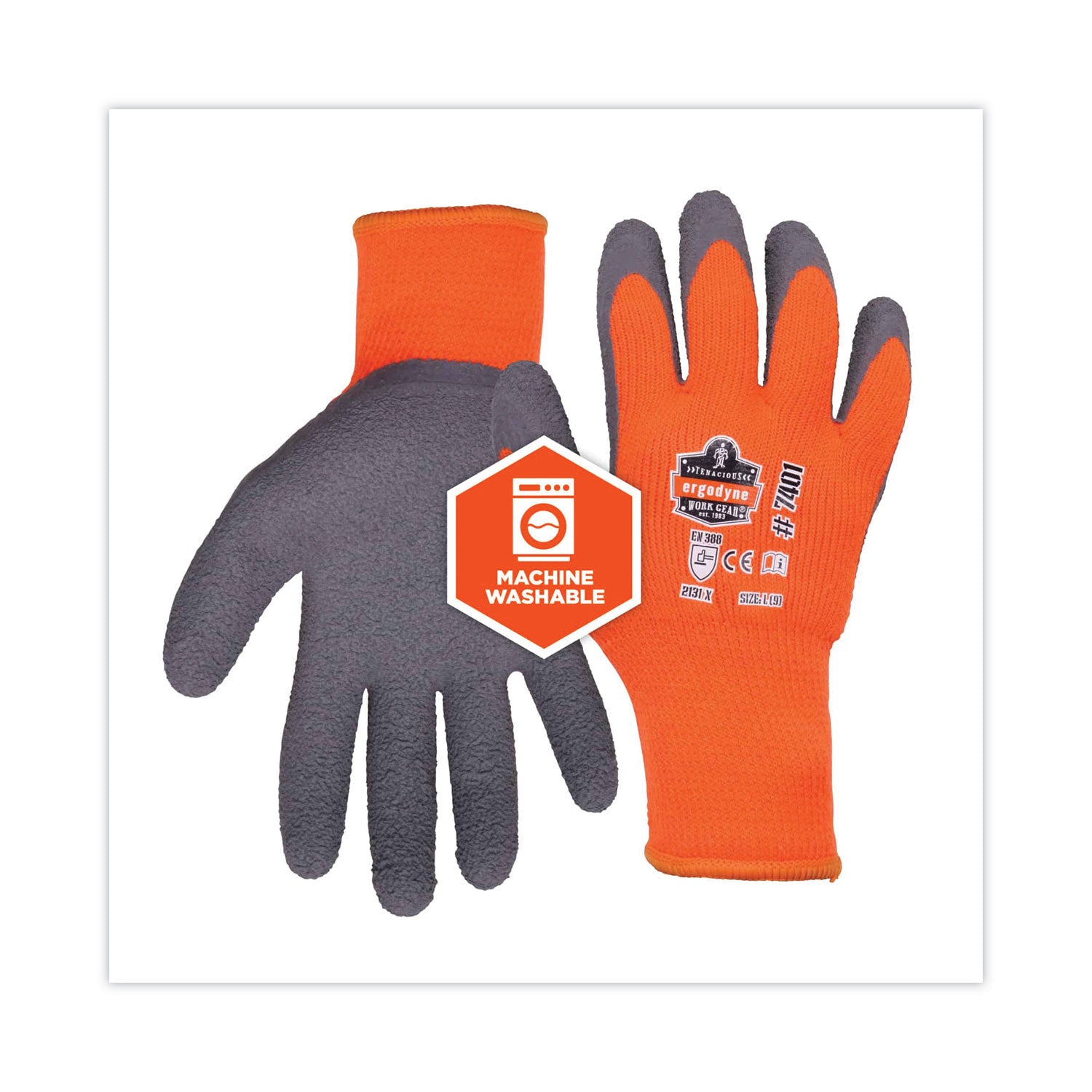 Ergodyne ProFlex 7401 Coated Lightweight Winter Work Gloves, Large, Orange, Latex Coating, Thermal Protection, Cut Resistant, Machine Washable, 2 Pairs per Pack, 144 Pairs per Carton
